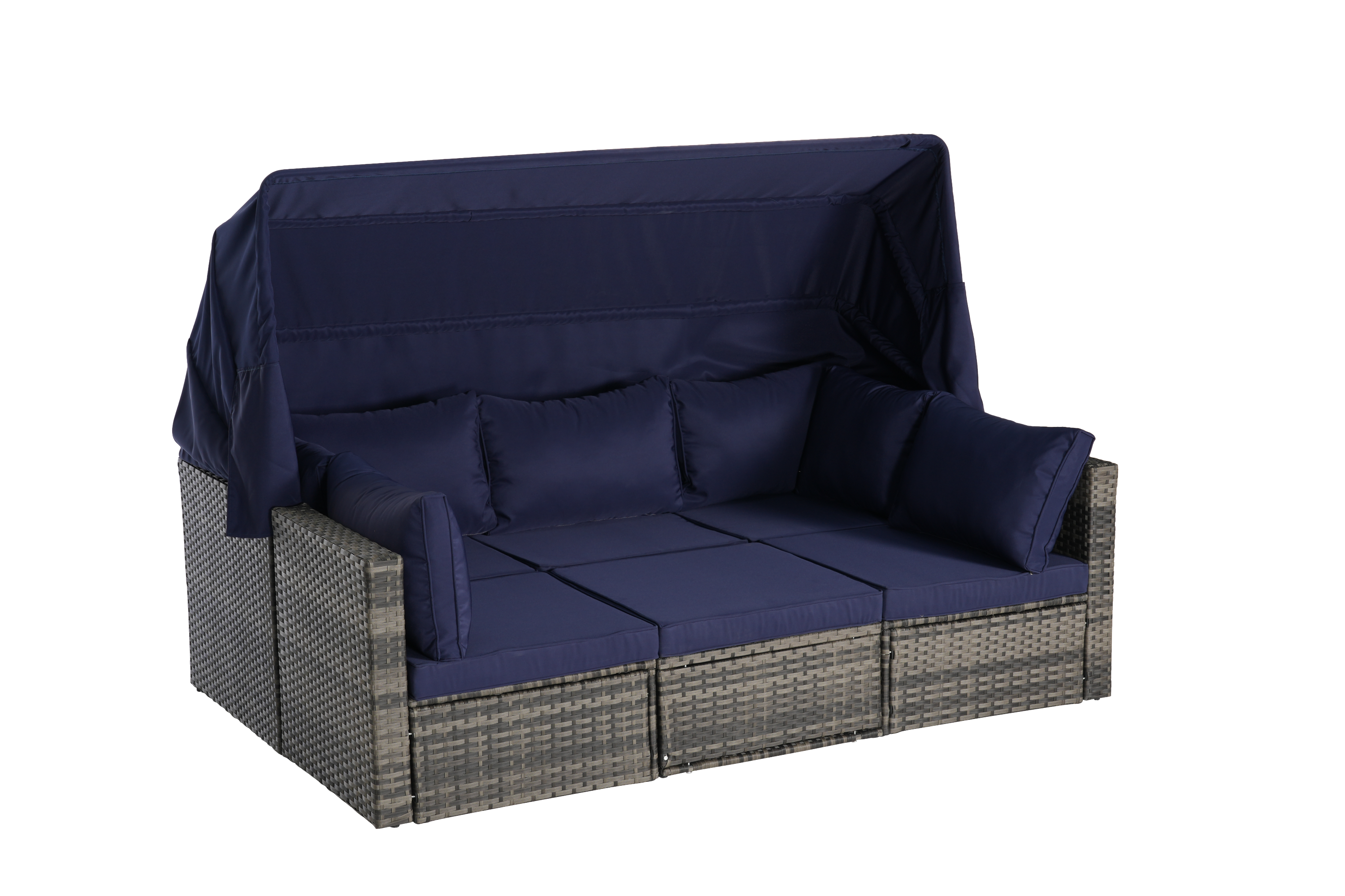 5 Pieces Outdoor Patio Wicker Daybed Furniture Set with Retractable Canopy, Storable Side Table, and Soft Cushions for Relaxing in Your Backyard or Porch