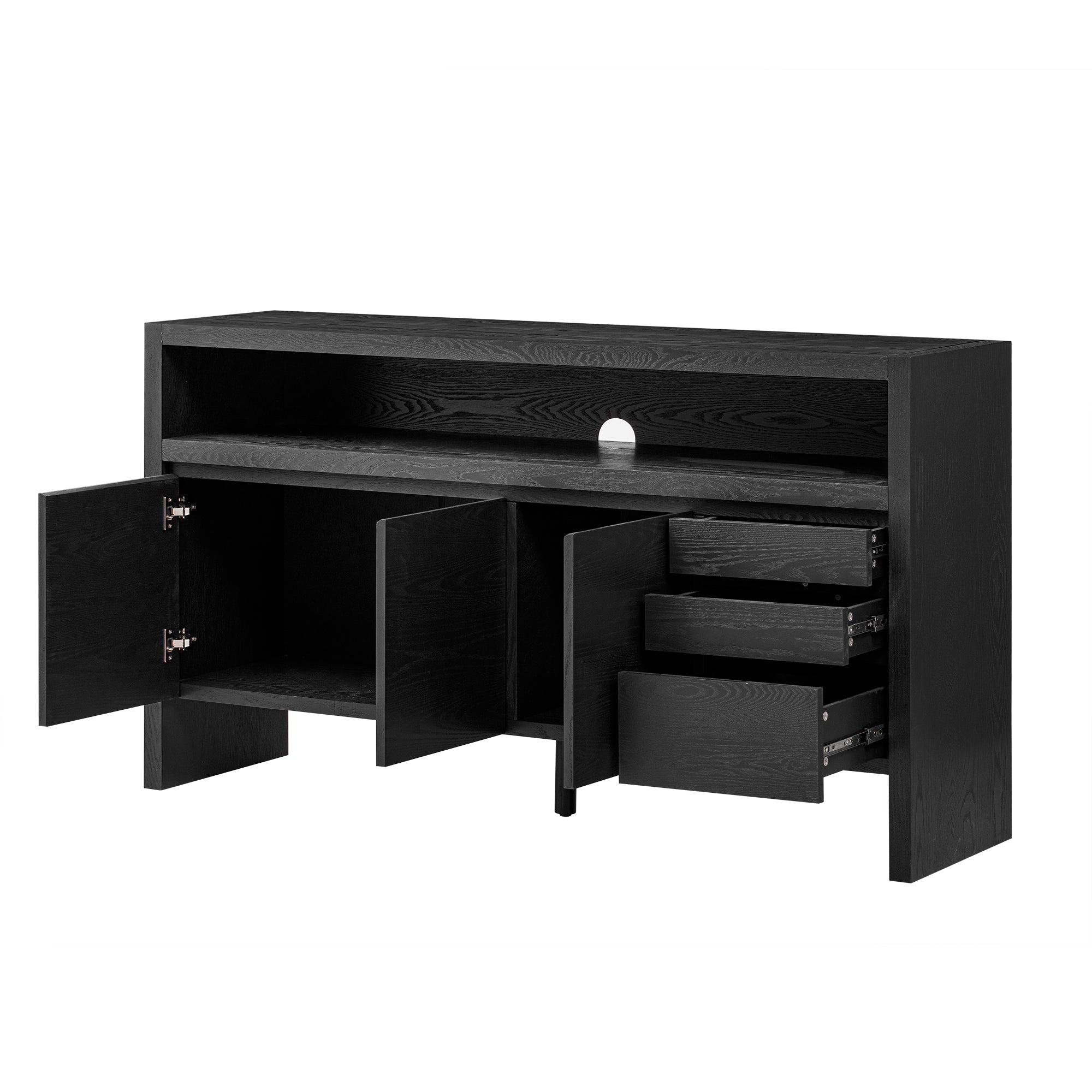 U_Style 60' 3-Door Sideboard with 3 Drawers - Modern Solid Ash Veneer MDF Sideboard, Semi-Open Shelf & Center Semi-Circular Cutout in Back Panel, Large Storage Cabinet for Living Room, Hallway, Dining