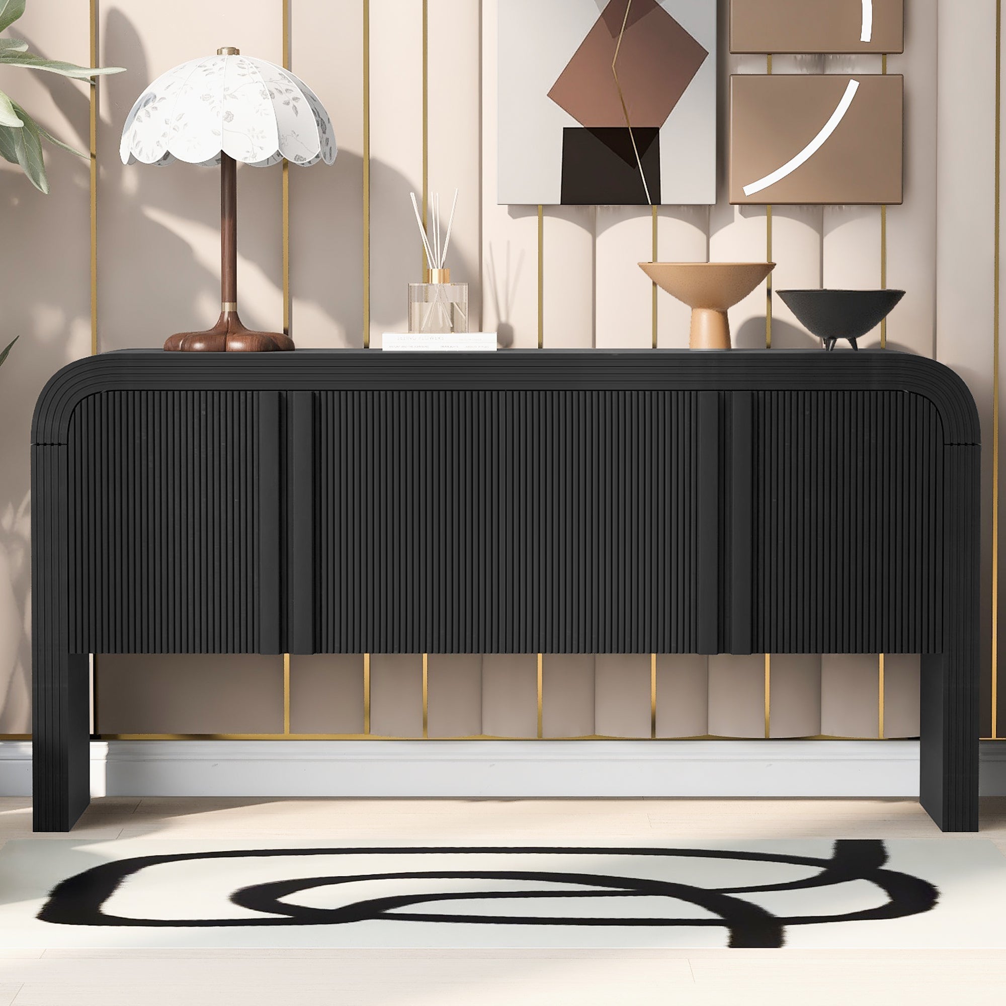 U_STYLE 63-Inch Wave-Pattern Console Table with 4 Doors and Adjustable Shelf,Curved design Sofa Table Behind Couch,Rustic Narrow Entryway Table for Living Room, Foyer and Hallway