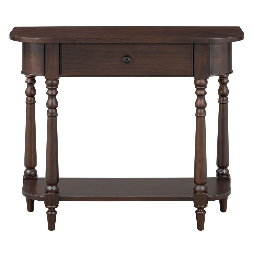TREXM Narrow Console Table with Curved Corner, Retro Entryway Table with Top Drawer and Open Shelf, Sofa Table Console Tables for Entryway, Hallway and Living Room (Espresso)