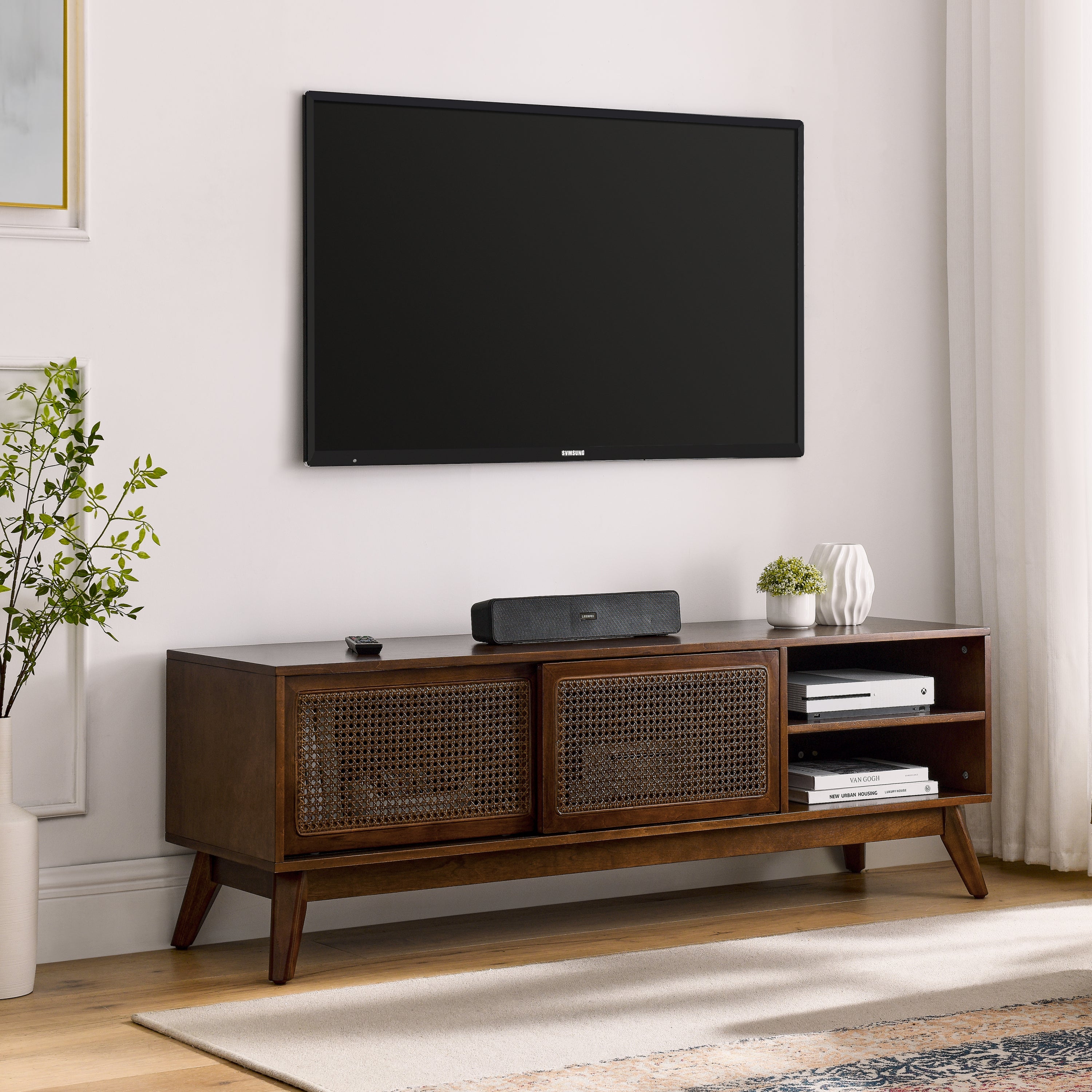59 Inch Mid Century Modern Rattan TV Stand for 65 Inch TV, Entertainment Cabinet, Media Console for Living Room Bedroom Media Room, Solid Wood Feet & Rattan Cabinet Doors - Dark Wood