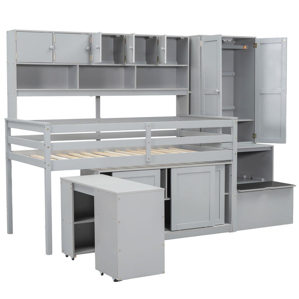 Twin Size Wooden Loft Bed Big Storage with Under-bed Desk, with Drawers, with Shelves, Gray
