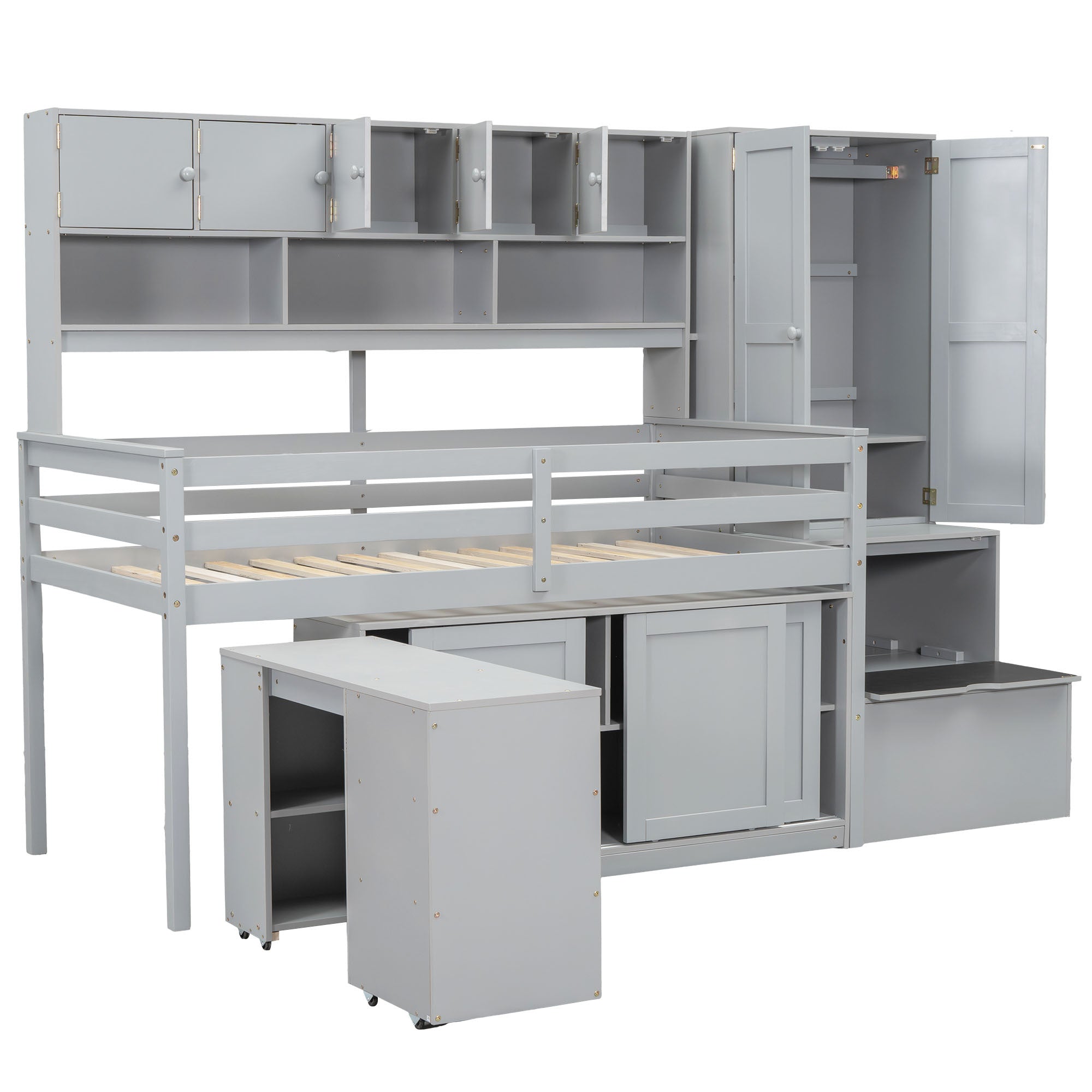 Twin Size Wooden Loft Bed Big Storage with Under-bed Desk, with Drawers, with Shelves, Gray