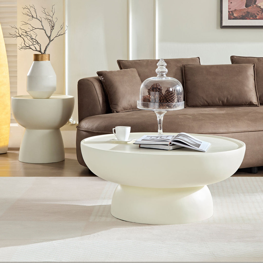 Fiberglass Cream Style Coffee Table Set of 2 for Living Room,Matte White Round Table front of the Sofa, Irregular Center Table for Apartment,No Need Assembly