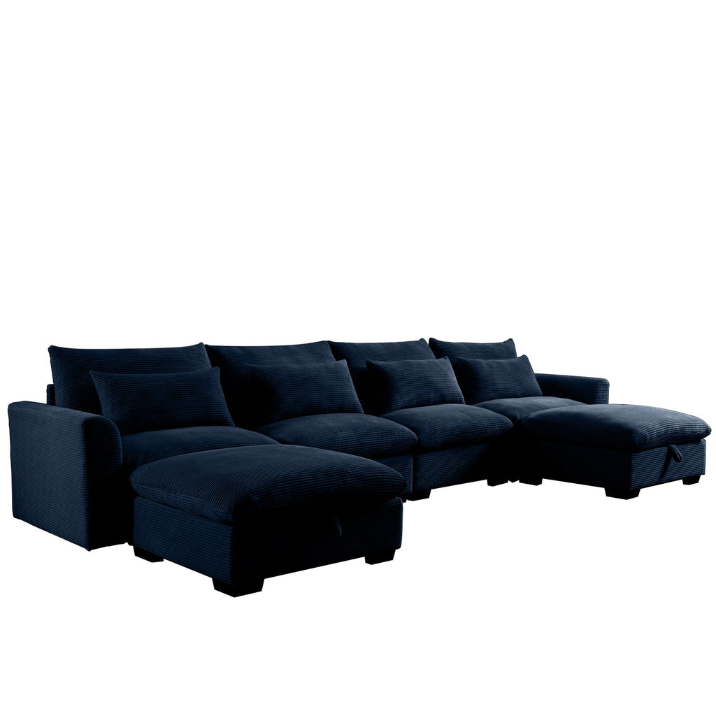 Big Deep Seat U-Shaped Corduroy Sectional Couches for Living Room, 4 Seater Sofa Couch with 2 Storage Footstool and 4 Waist Pillows (Corduroy, Blue)