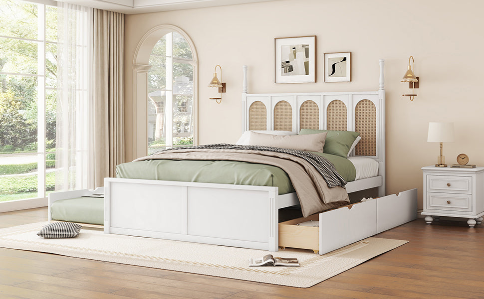 Queen Size Rattan Platform Bed With with 2 Big Drawers, T Size Trundle, White