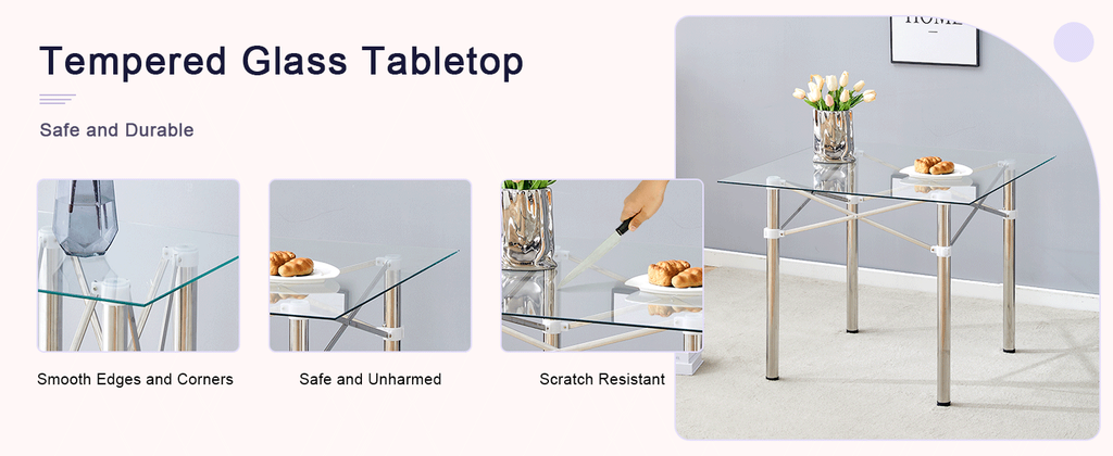 Elegant Expandable Square Glass Table - 36' Clear Tempered Glass, Silver Metal Legs.Telescopic metal legs, transparent square glass tabletop, suction cup attachment connection.