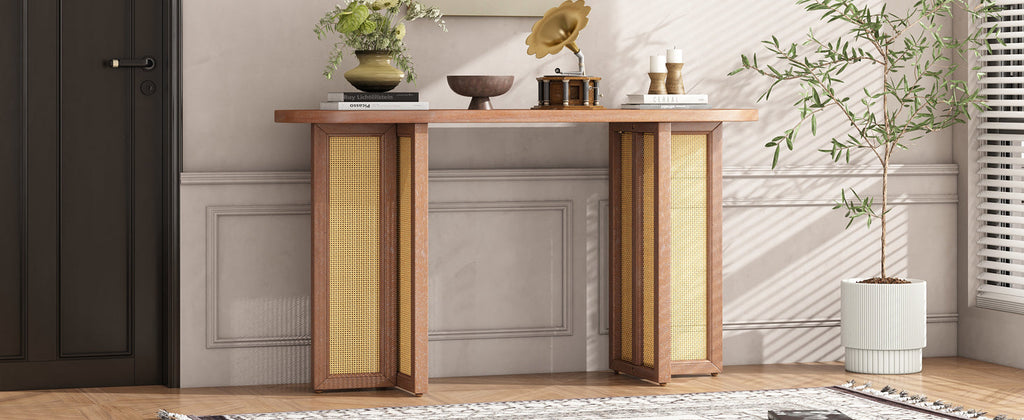 TREXM Farmhouse Rattan Console Table Entryway Table, Narrow Console Table with Storage, Hallway Table for Living Room, Entrance (Natural Wood Wash)