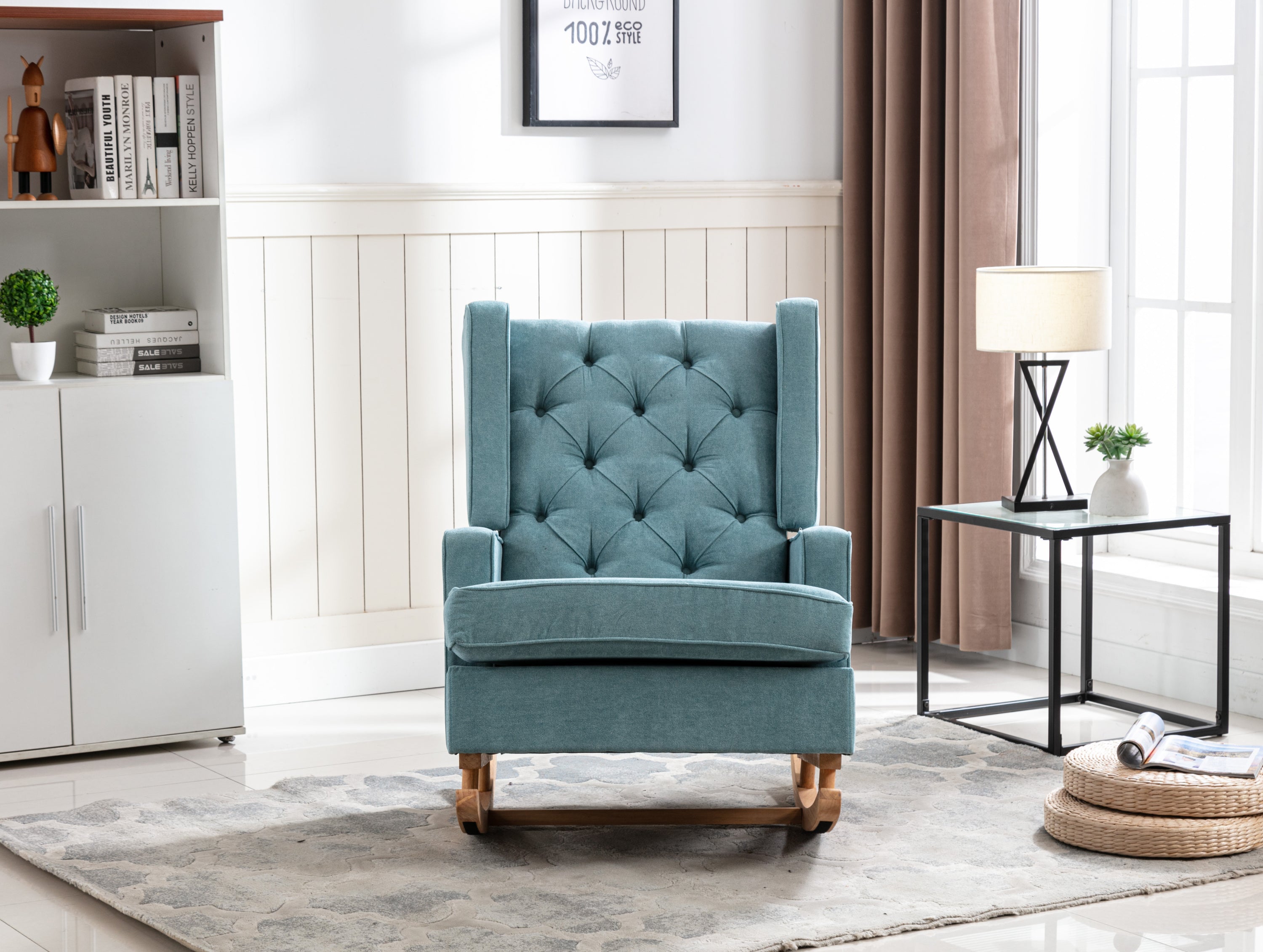 COOLMORE Nursery Rocking Chair Upholstered Mid Century Modern Rocker Oversized Armchair for Living Room with Solid Wood Base (Mint Green)
