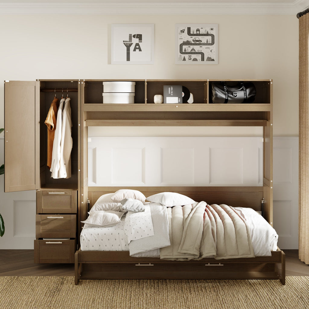 Full Size Murphy Bed with Wardrobe, Drawers and Open Shelves, Antique Wood