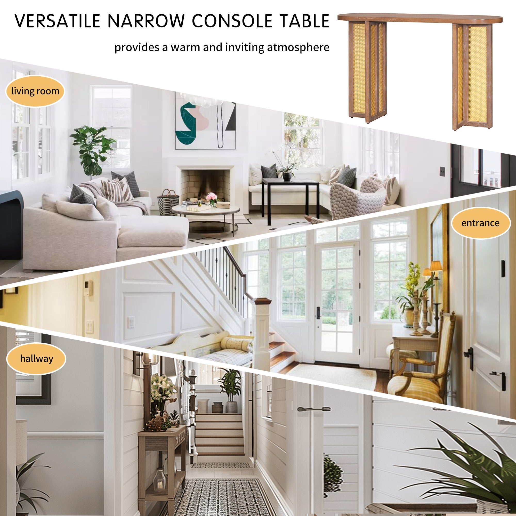 TREXM Farmhouse Rattan Console Table Entryway Table, Narrow Console Table with Storage, Hallway Table for Living Room, Entrance (Natural Wood Wash)