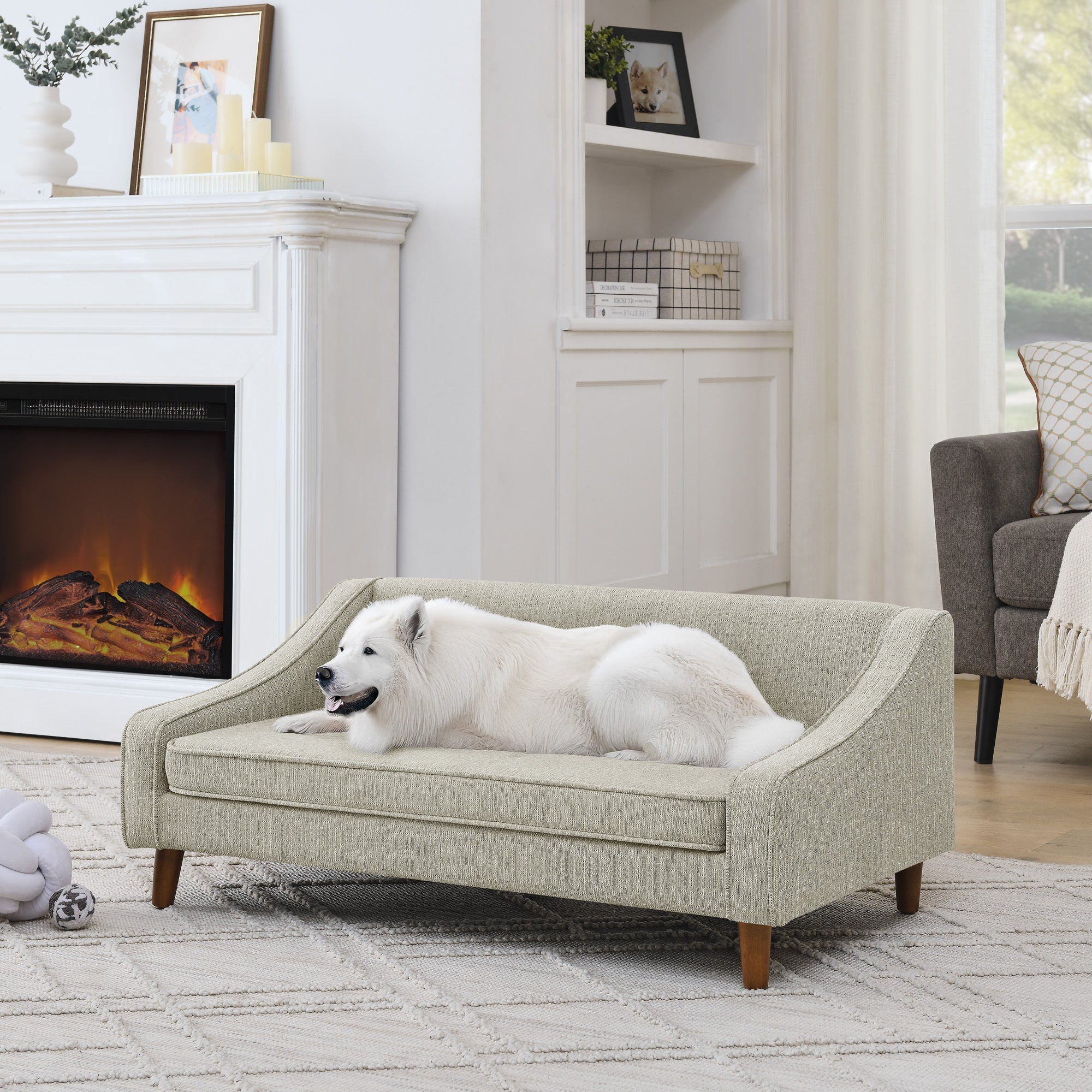 Durable Elevated Dog Sofa Bed,Pet sofa with modern irregular armrest design,Comfortable soft dog sofa-Beige