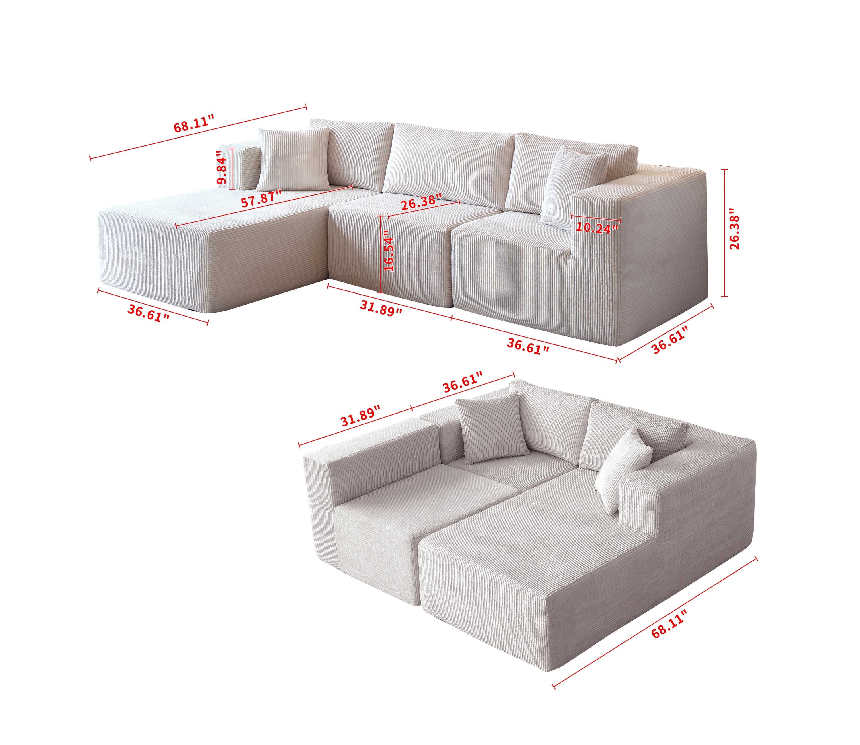 H613 Sectional Sofa and Module, Mid-Century Modern L Shaped Couches 3-Seat Sofa for Living Room Beige Left