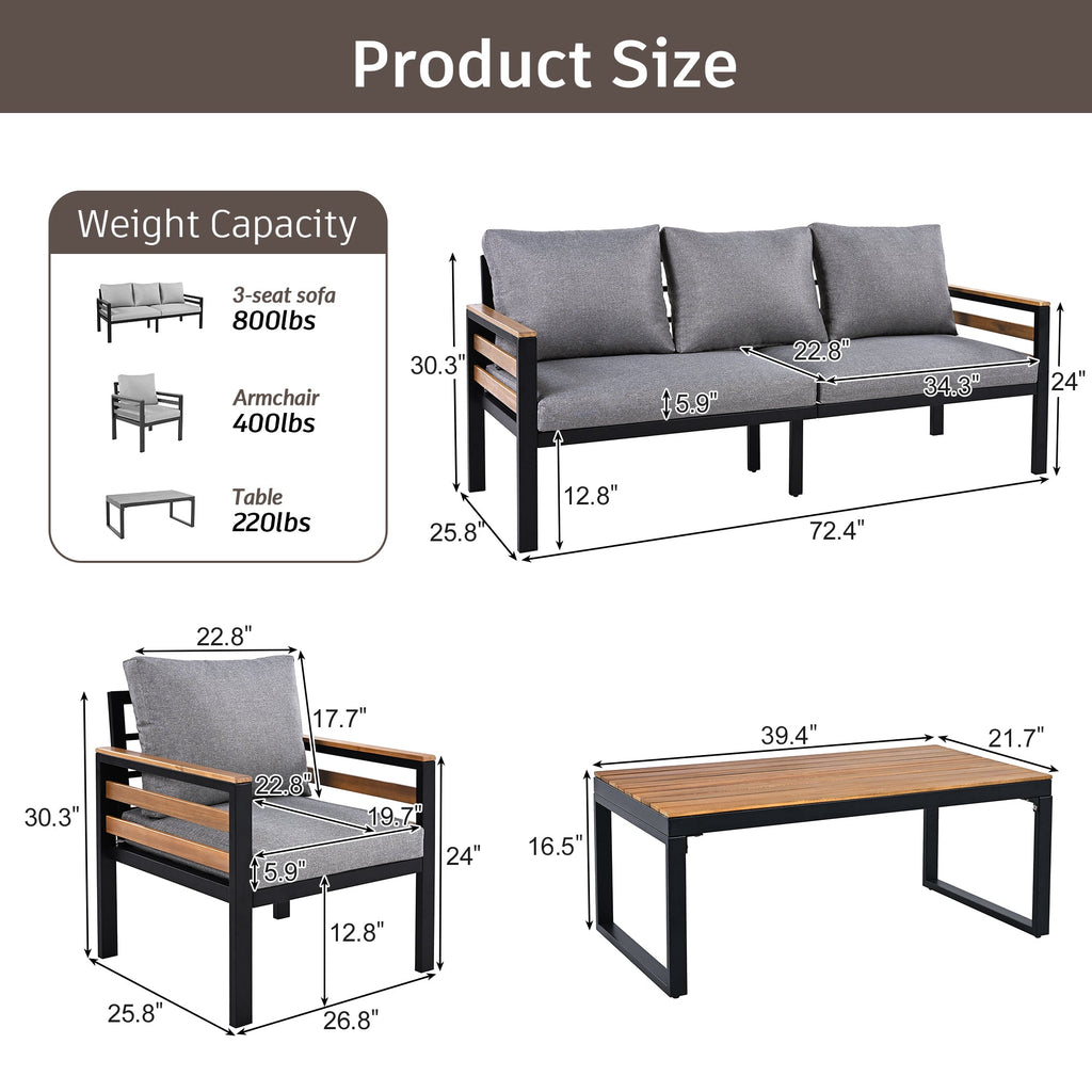 GO 4-Piece Outdoor Furniture Sofa Set for 5 People with  Acacia Wood Armrests, Patio Conversation Set with Removable Cushion and Solid Wood Coffee Table  for Garden and Backyard, Grey