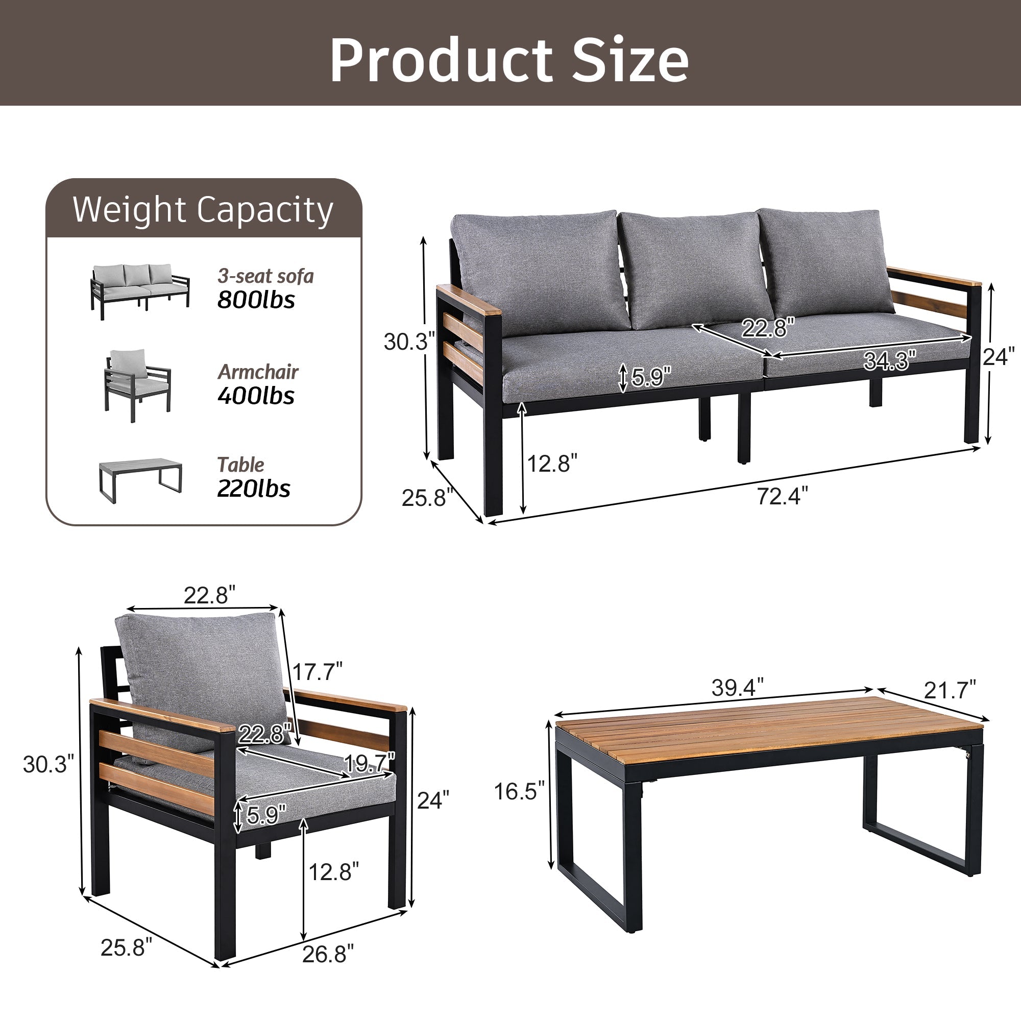 GO 4-Piece Outdoor Furniture Sofa Set for 5 People with  Acacia Wood Armrests, Patio Conversation Set with Removable Cushion and Solid Wood Coffee Table  for Garden and Backyard, Grey