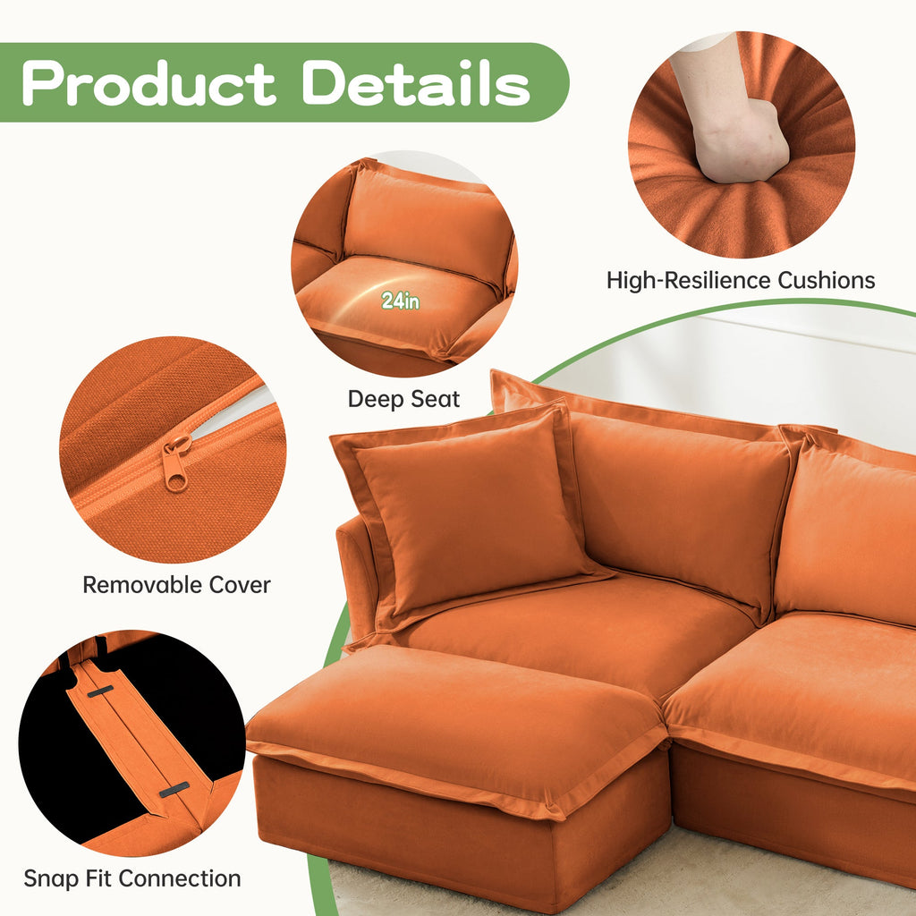 Upholstered Slipcovered Armchair with Ottoman,  Deep Seat Armchair W/ Wide Ottoman for Living Room, Armchair Sets with Large Soft Pillows(Set of 2),Chenille Fabric,Orange