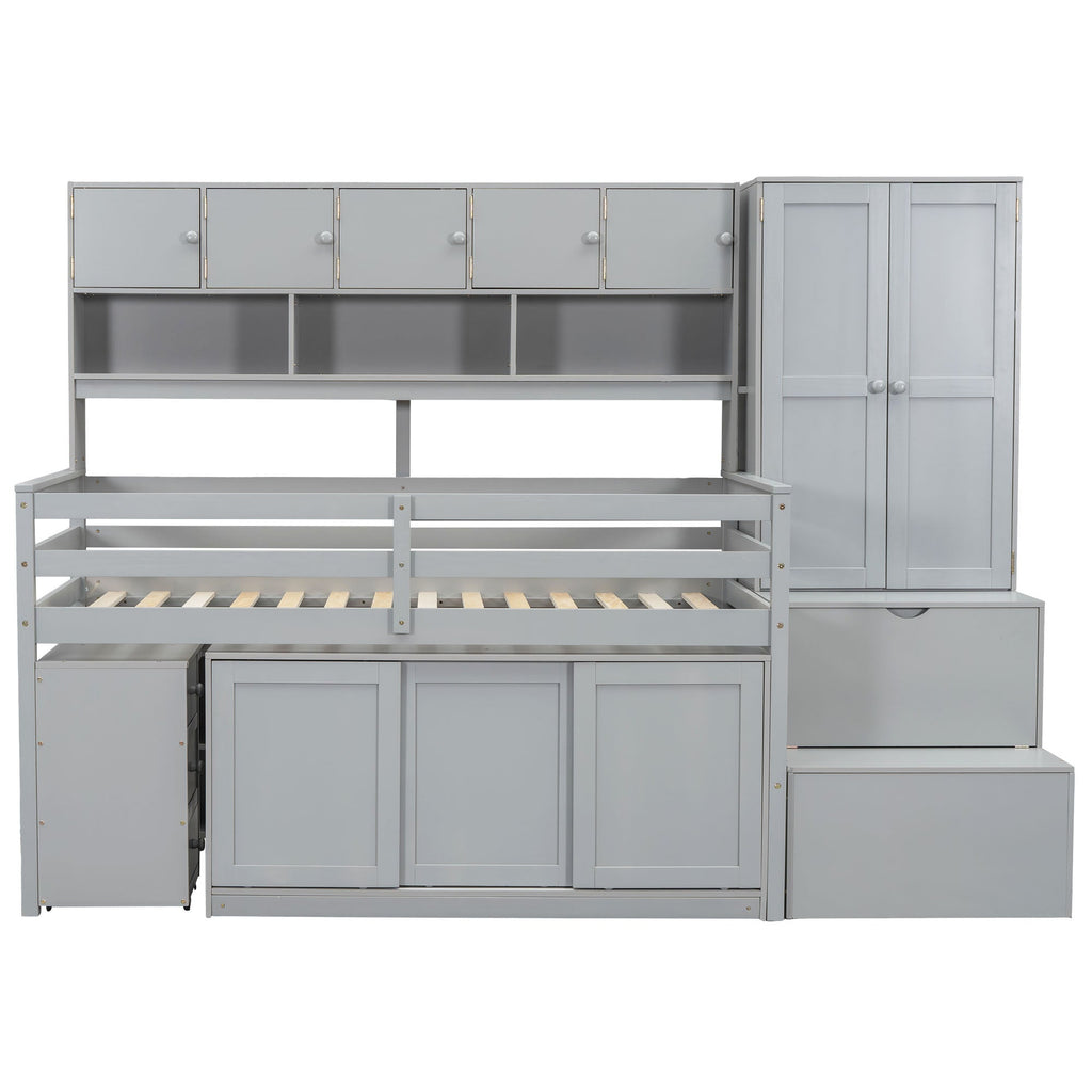 Twin Size Wooden Loft Bed Big Storage with Under-bed Desk, with Drawers, with Shelves, Gray