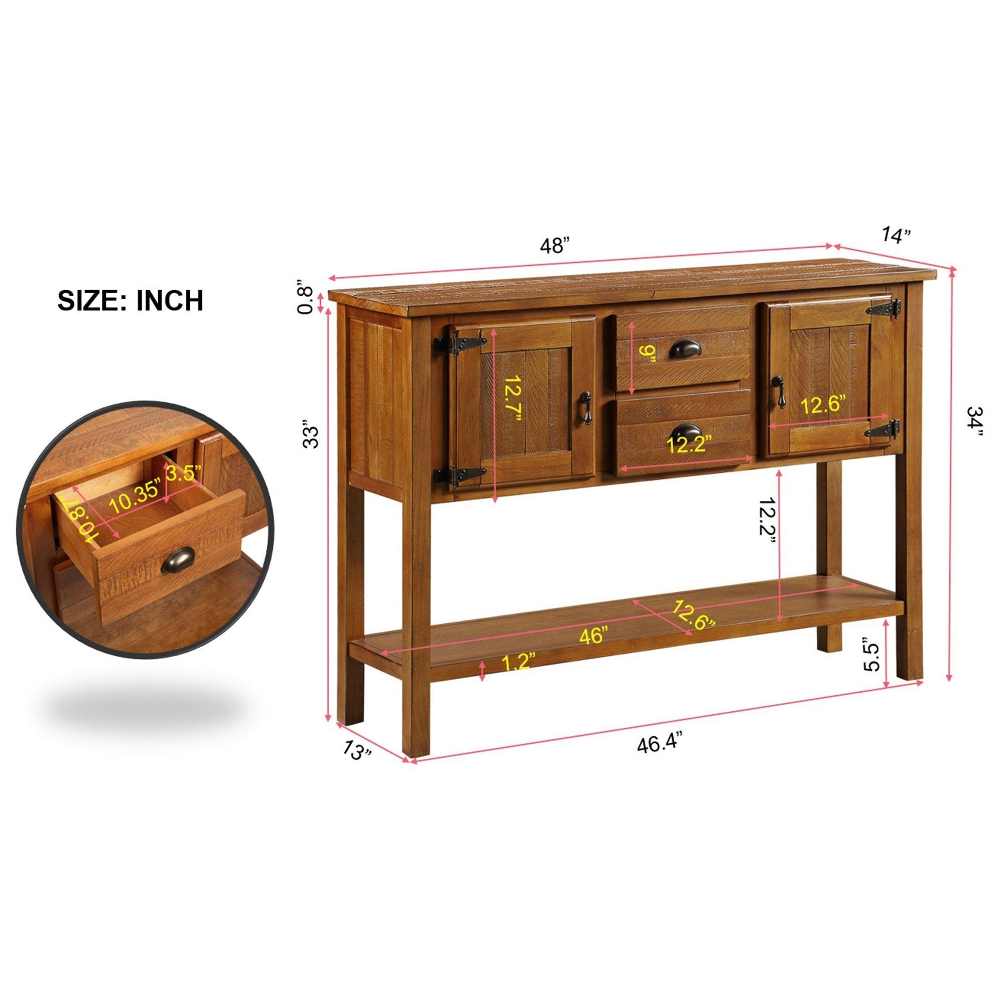 48'' Solid Wood Sideboard Console Table with 2 Drawers and Cabinets and Bottom Shelf, Retro Style Storage Dining Buffet Server Cabinet for Living Room Kitchen Dining Room(Brown)