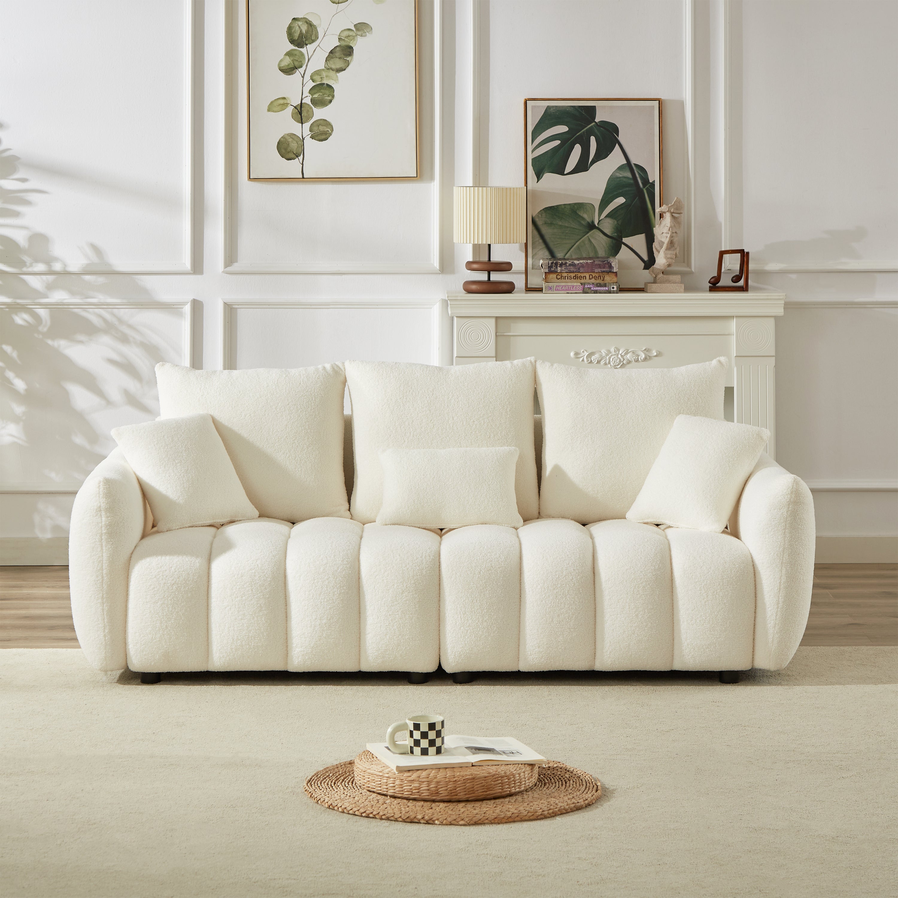 3 Seater + 3 Seater Combo Sofa Modern Living Room Sofa, Teddy Sofa, Wooden Frame, 6 Cushions, Apartment Sofa Furniture