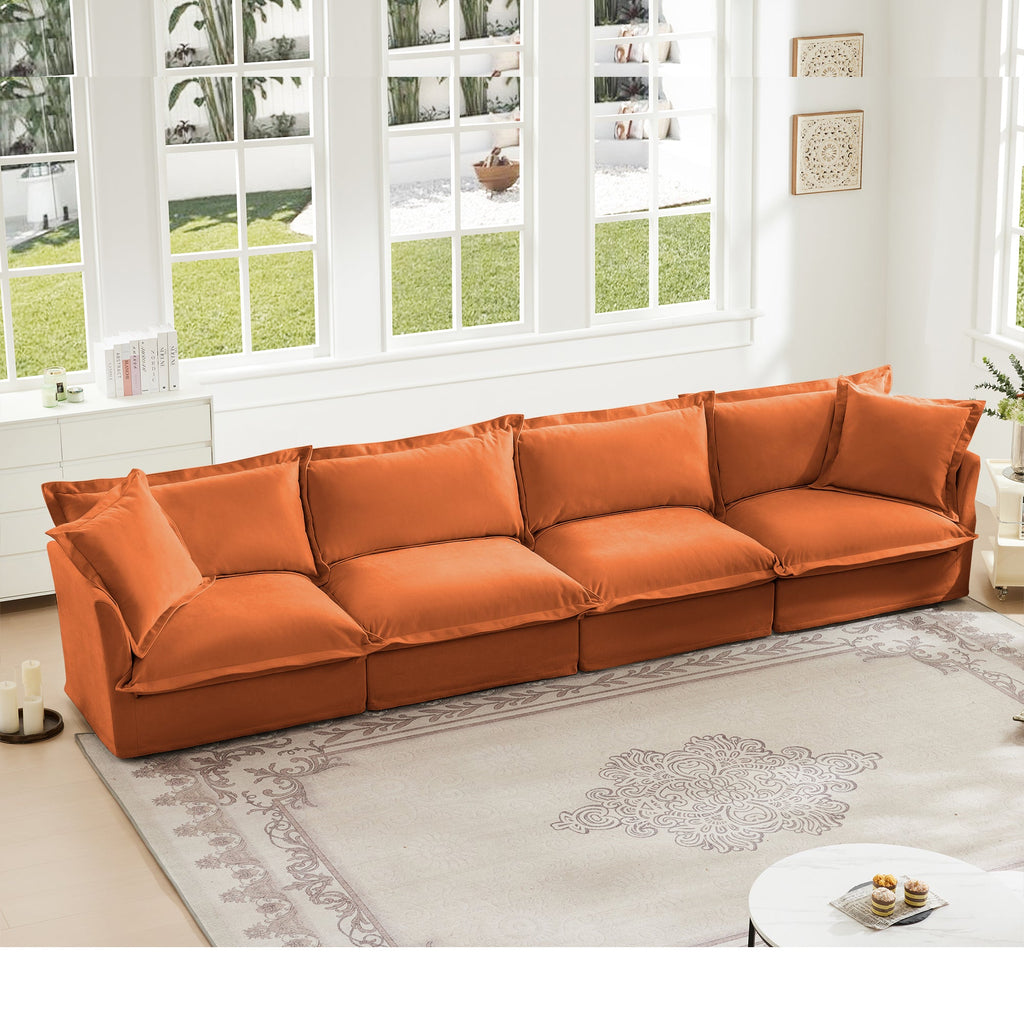 Slipcovered Long Sofa, 4 Seater Sofa with Removable Cover, Extra Deep Couch for Living Room, ,Chenille Fabric Cloud Like Comfy Sofa Couch, Orange Chenille Fabric