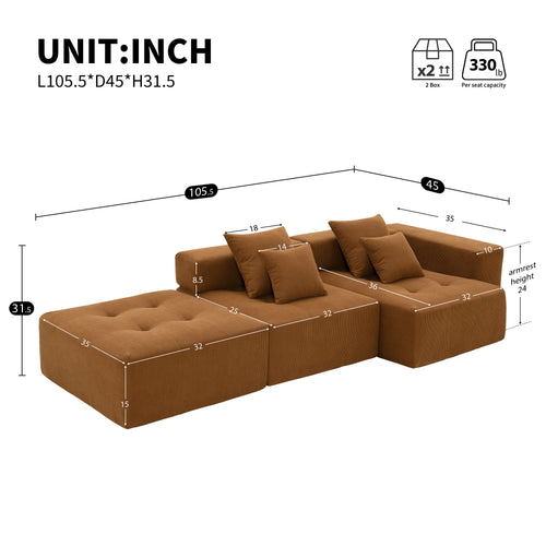 105.5''L Shaped Modular Sectional Sofa,Wide and Deep Seat,Minimalist Wrinkle-resistant Corduroy Couch,Full Compressed Cloud Couch for Living Room,3 PC Free Combination,No Assembly Required,3 Colors