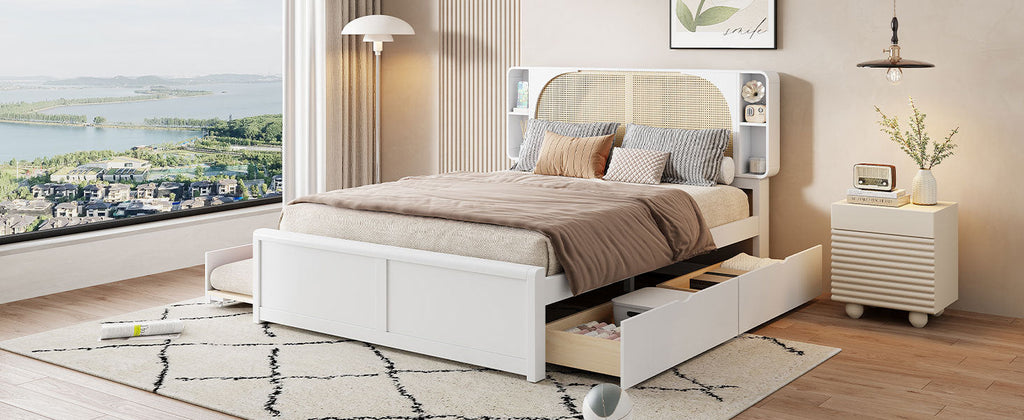 Queen Size Rattan Headboard Bed with Two Drawers and Trundle, White