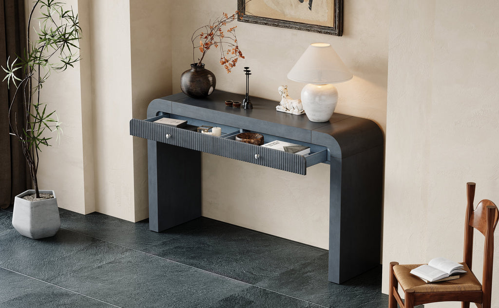 TREXM Rustic Console Table with Fluted Drawer Front, Entryway Table with Curved Corners & Thick Legs, Sturdy Sofa Table for Hallway & Living Room (Dark Navy)