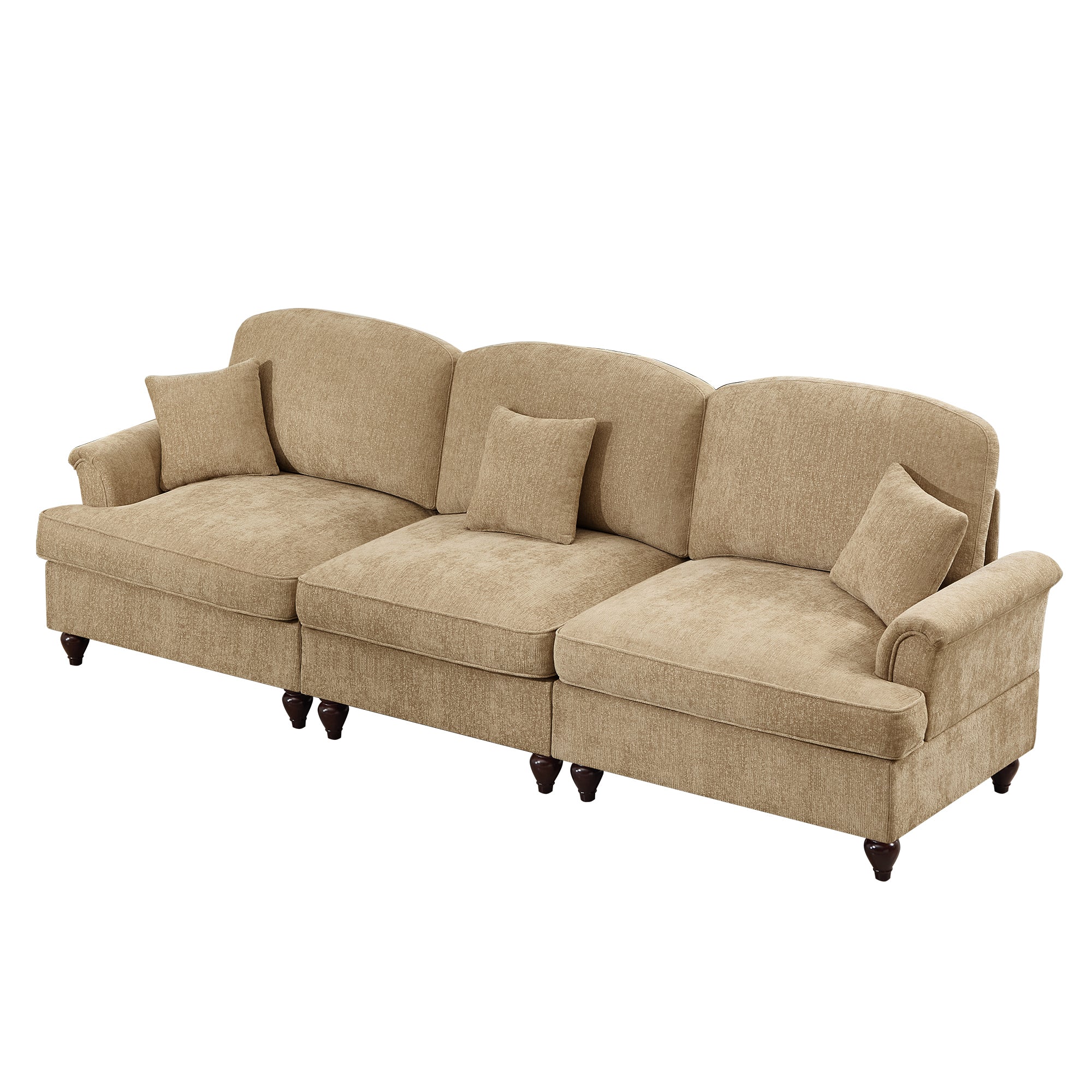 Elegant Mid Century Large 3 Seater Sofa Couch with Flared Arms and Removable Ruffles Pleats Skirts and Spindle Legs, Comfy Chenille Three-Seat Sofa for Living Room, Light Coffee