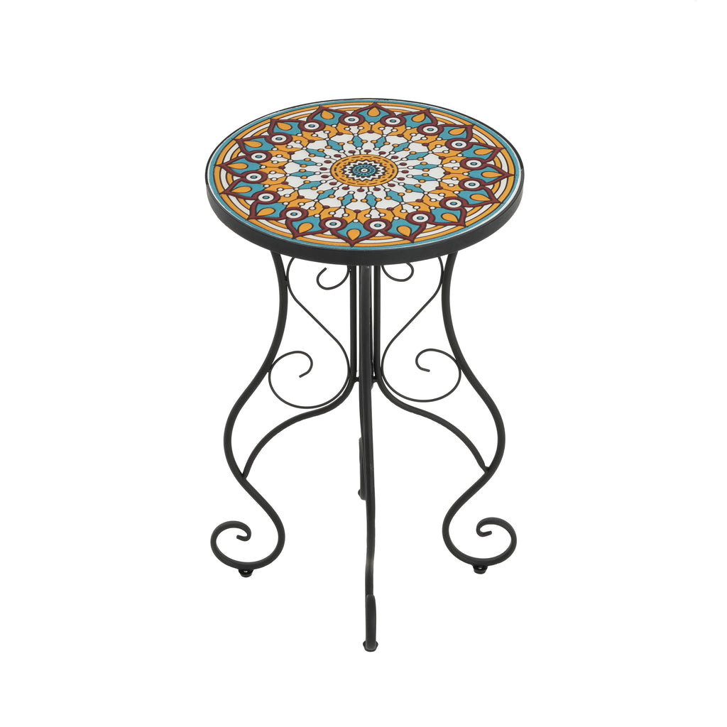 Vibrant French Country Round Ceramic Outdoor Side Table Black Ceramic Tile 14x14x22.44 inches