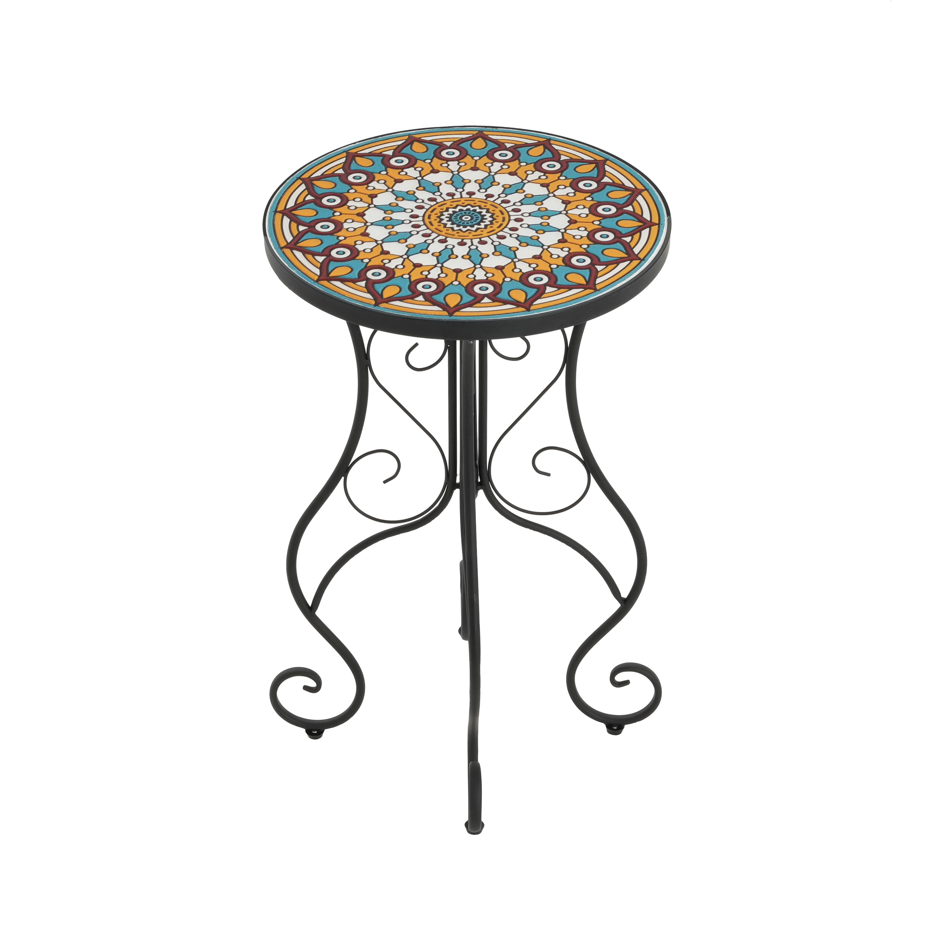 Vibrant French Country Round Ceramic Outdoor Side Table Black Ceramic Tile 14x14x22.44 inches