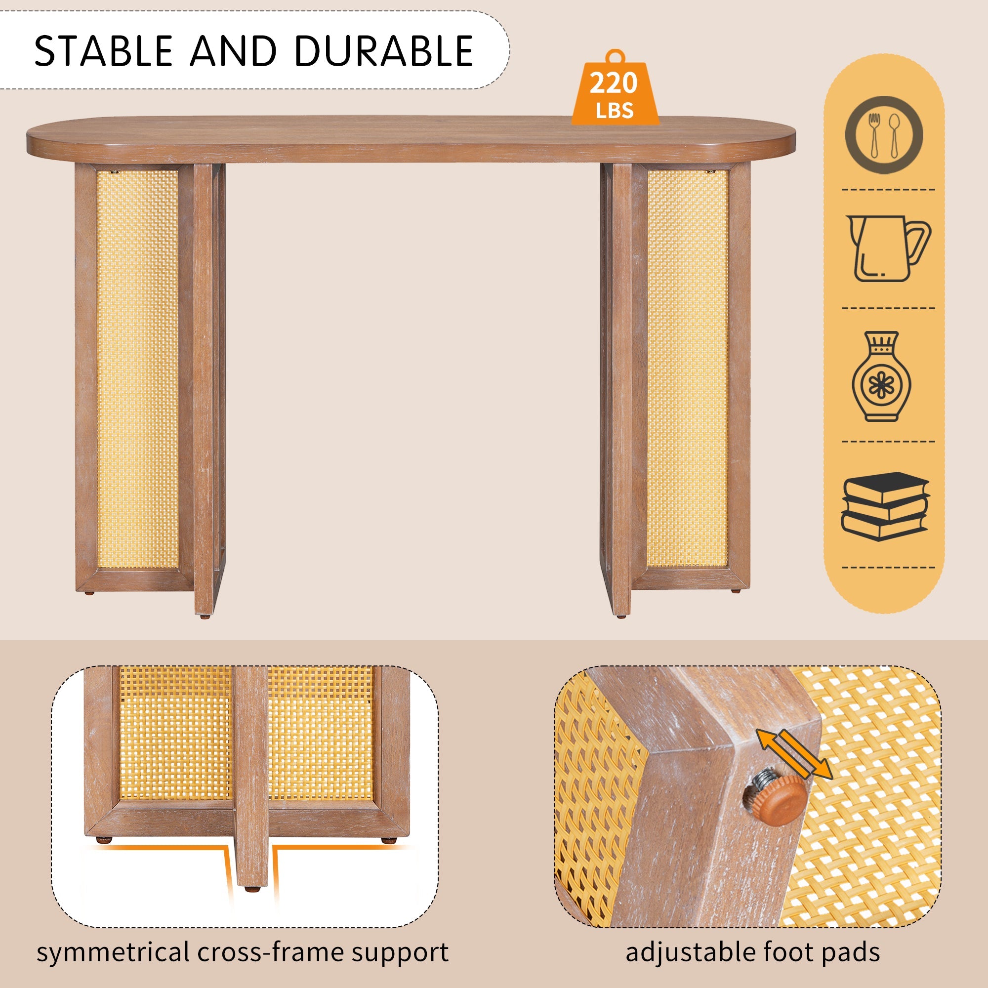 TREXM Farmhouse Rattan Console Table Entryway Table, Narrow Console Table with Storage, Hallway Table for Living Room, Entrance (Natural Wood Wash)