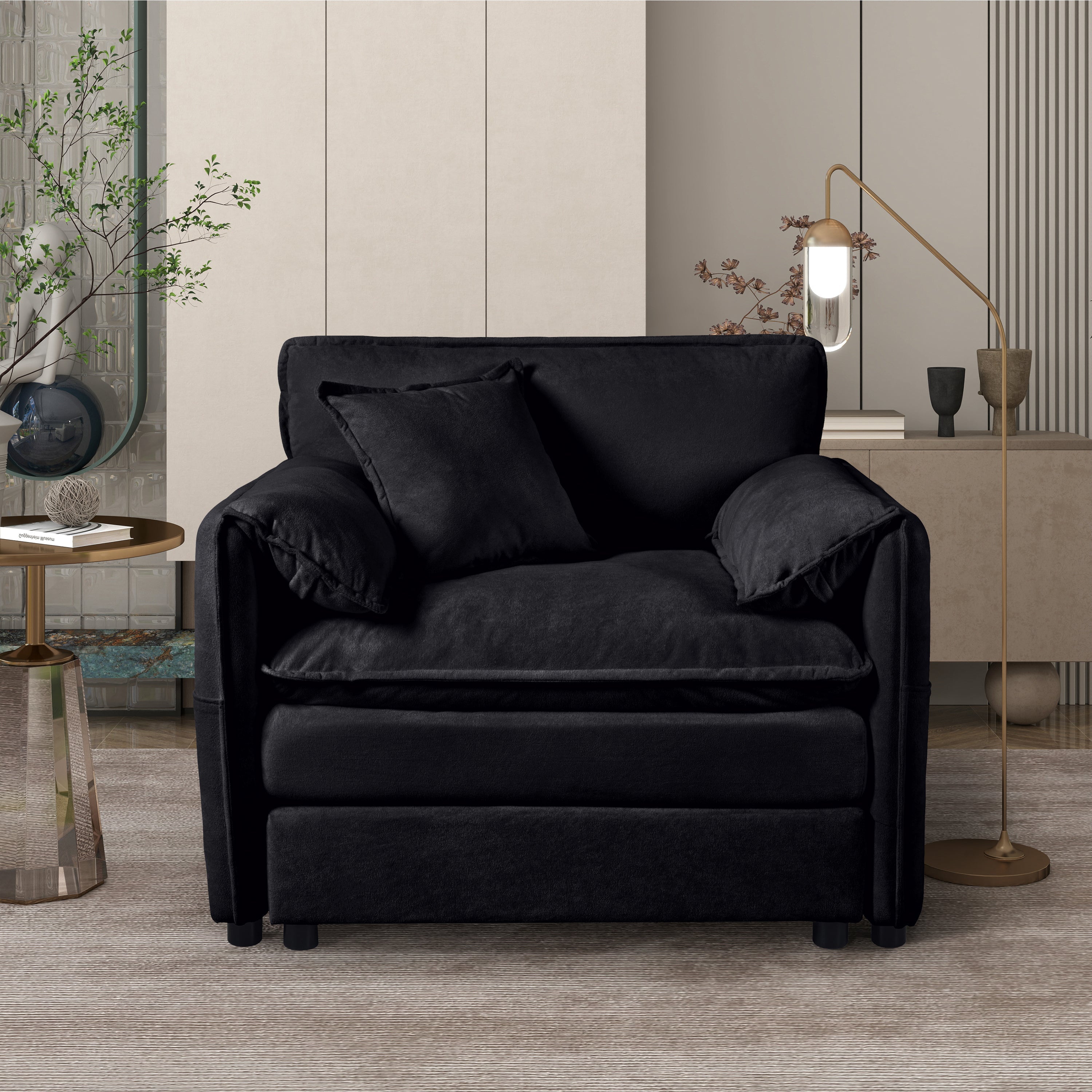Oversized 41.73' Sofa Chair, Modern Upholstered Armchair with 1 Toss Pillow, Modular Sectional Sofa for Living Room, Deep Seat Reading Sofa for Bedroom Apartment, DIY Combination Chenille,Black