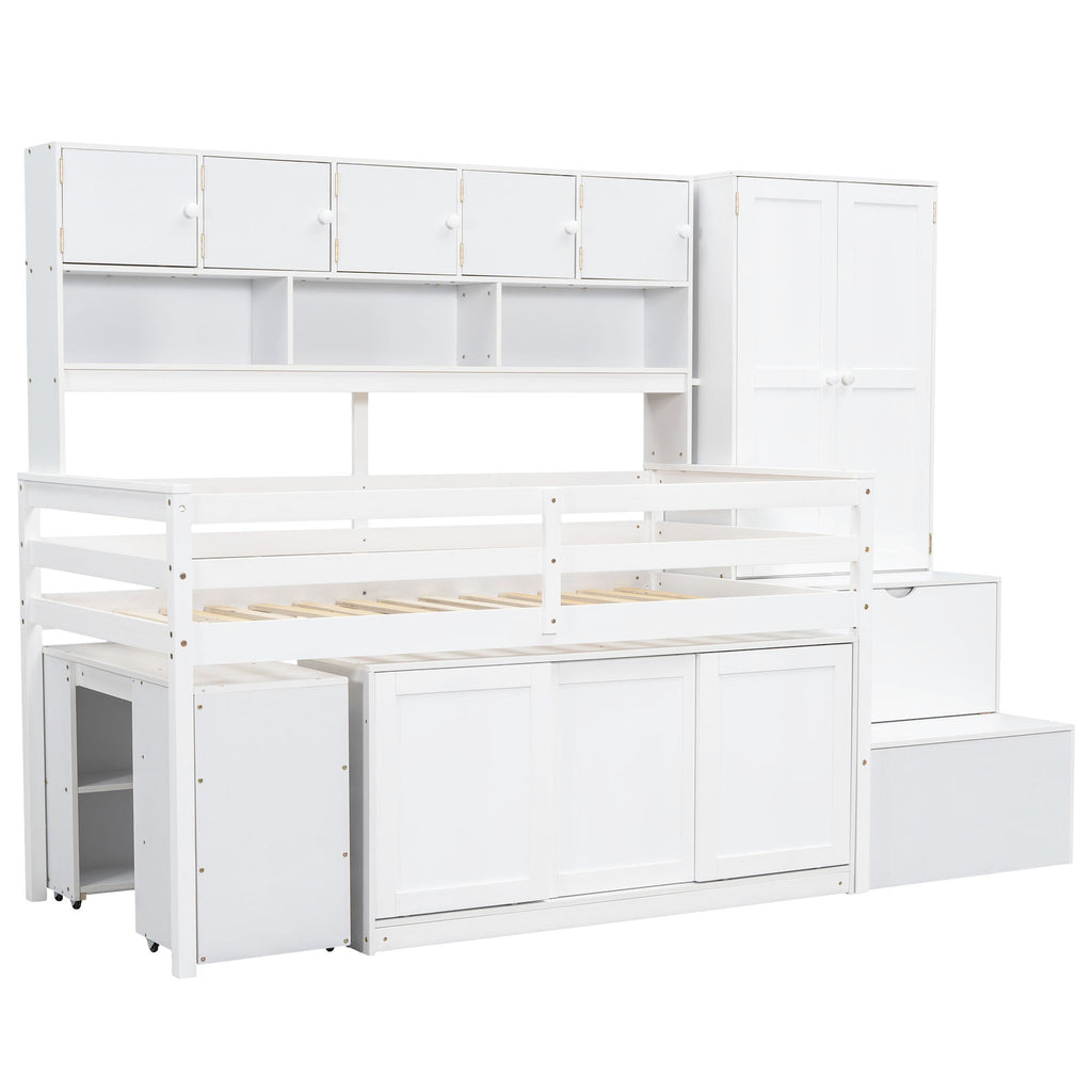 Twin Size Wooden Loft Bed Big Storage with Under-bed Desk, with Drawers, with Shelves, White
