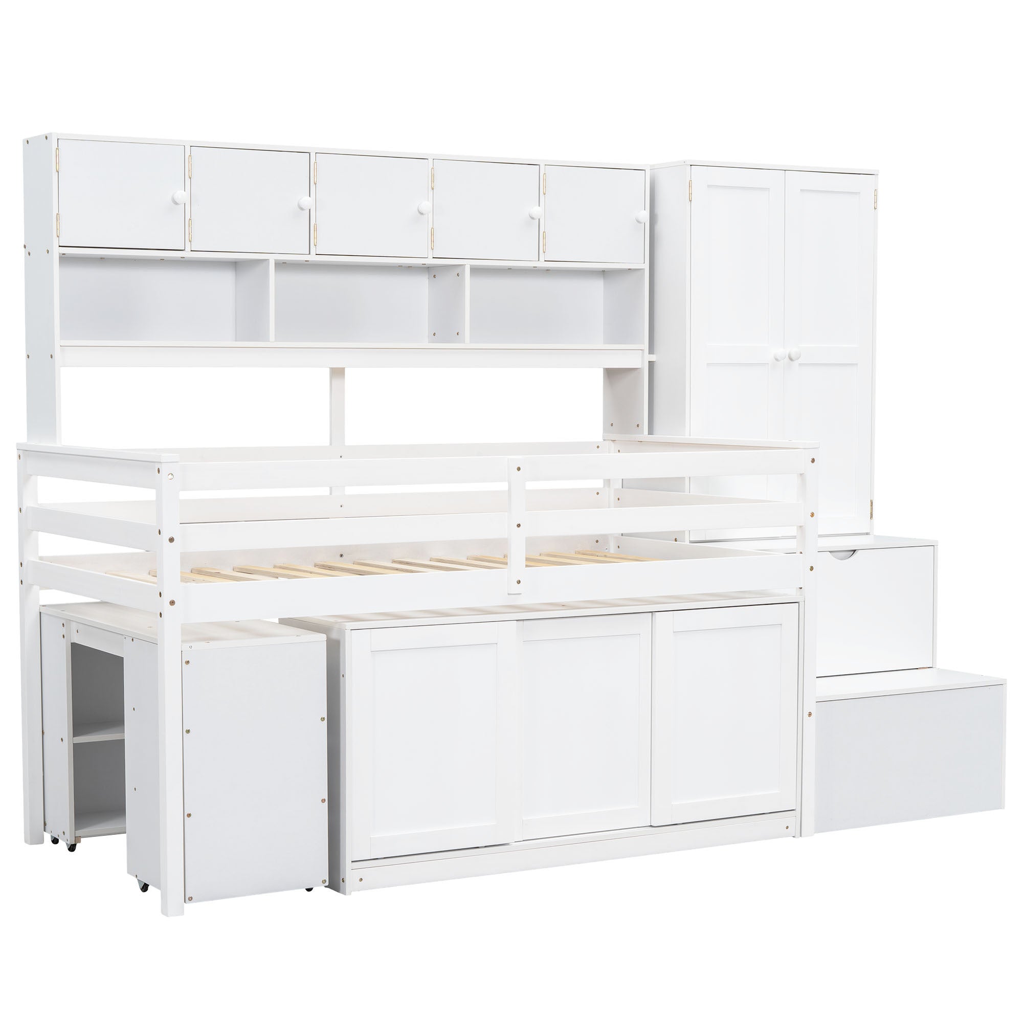 Twin Size Wooden Loft Bed Big Storage with Under-bed Desk, with Drawers, with Shelves, White