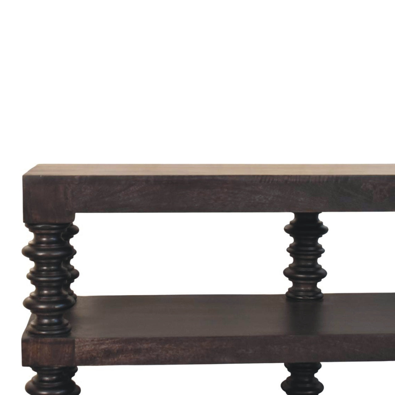 Solid Wood Spindle Shelf Console in Carbon Ash, Black with storage