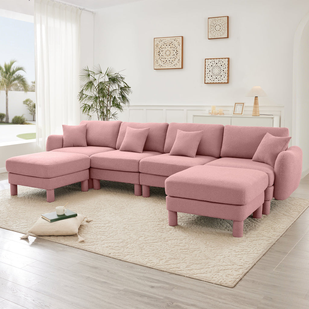 Boucle Fabric U Shape Sectional 4-seater Sofa Couch With Distinctive Shell-shaped Armrests And 2 Movable Ottomans,Cylindrical Legs Wrapped with Self-fabric,Pink Color
