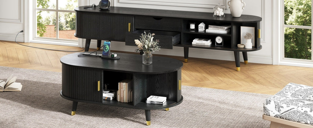 Wooden Farmhouse TV Stand & Coffee Table Set with Charging Station, Oval Fluted Media Console with Sliding Doors for TVs up to 80', Mid-Century Center Table with Solid Wood Legs for Living Room,Black