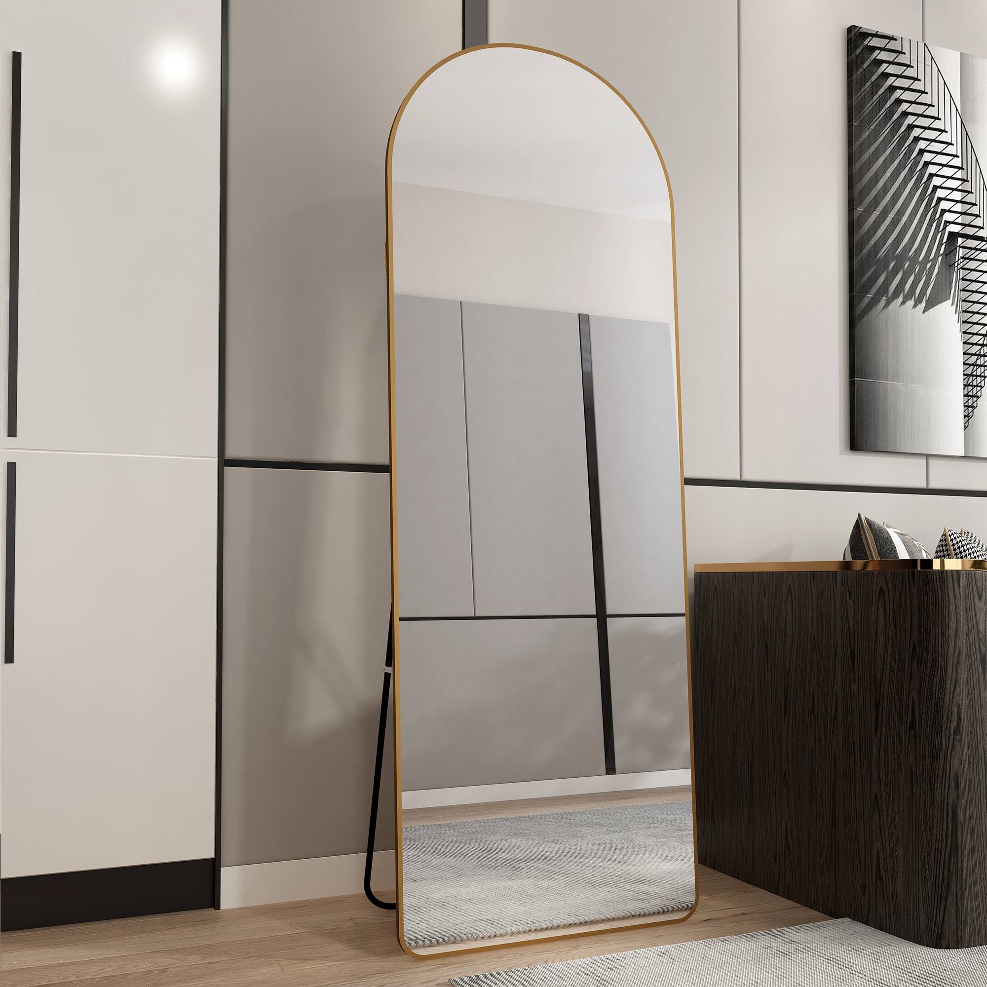 The 3rd generation aluminum alloy metal frame arched floor mounted wall mirror, upgraded in quality, bathroom makeup mirror, bedroom entrance, clothing store, gold 65 "* 23 "W1151121956