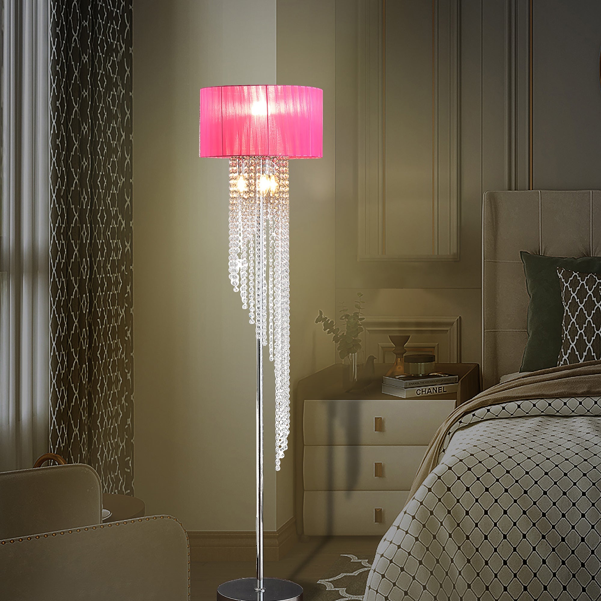 65.75'H Sheer Hot Pink Drum Shade Rain Crystal Chrome Metal Floor Lamp for Living Room, Standing Lamp for Bedroom
