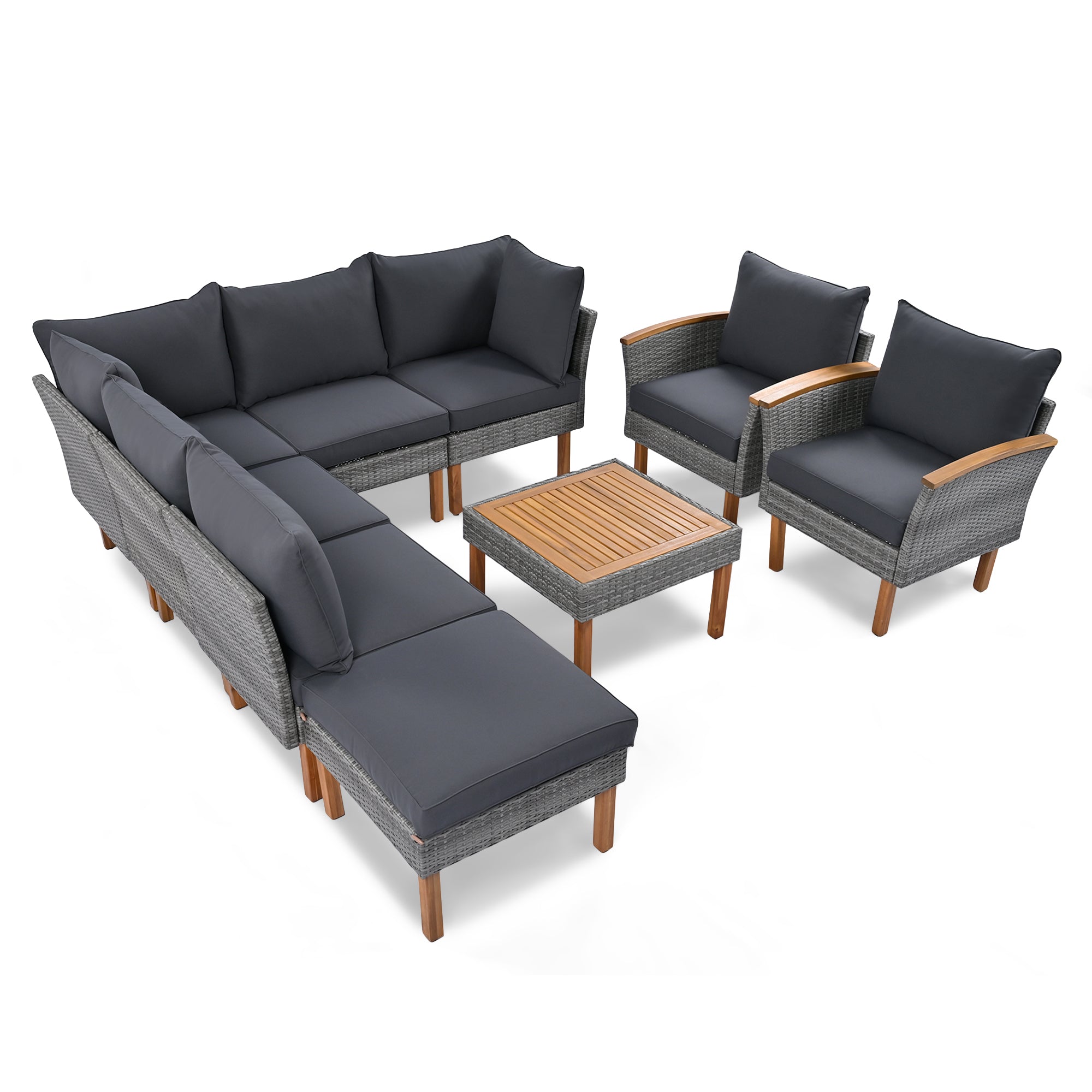 GO 9-Piece Patio Rattan Furniture Set, Outdoor Conversation Set With Acacia Wood Legs and Tabletop, PE Rattan Sectional Sofa Set with Coffee Table, Washable Cushion, Gray