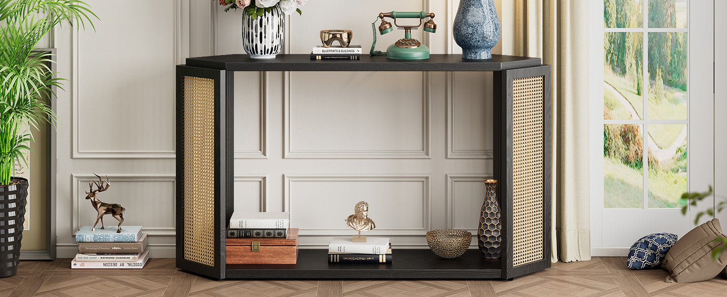 TREXM Narrow Console Table with Unique Irregular Top Design, Entryway Table with Open Shelf, Rattan Sofa Table for Living Room Hallway and Entrance (Black)