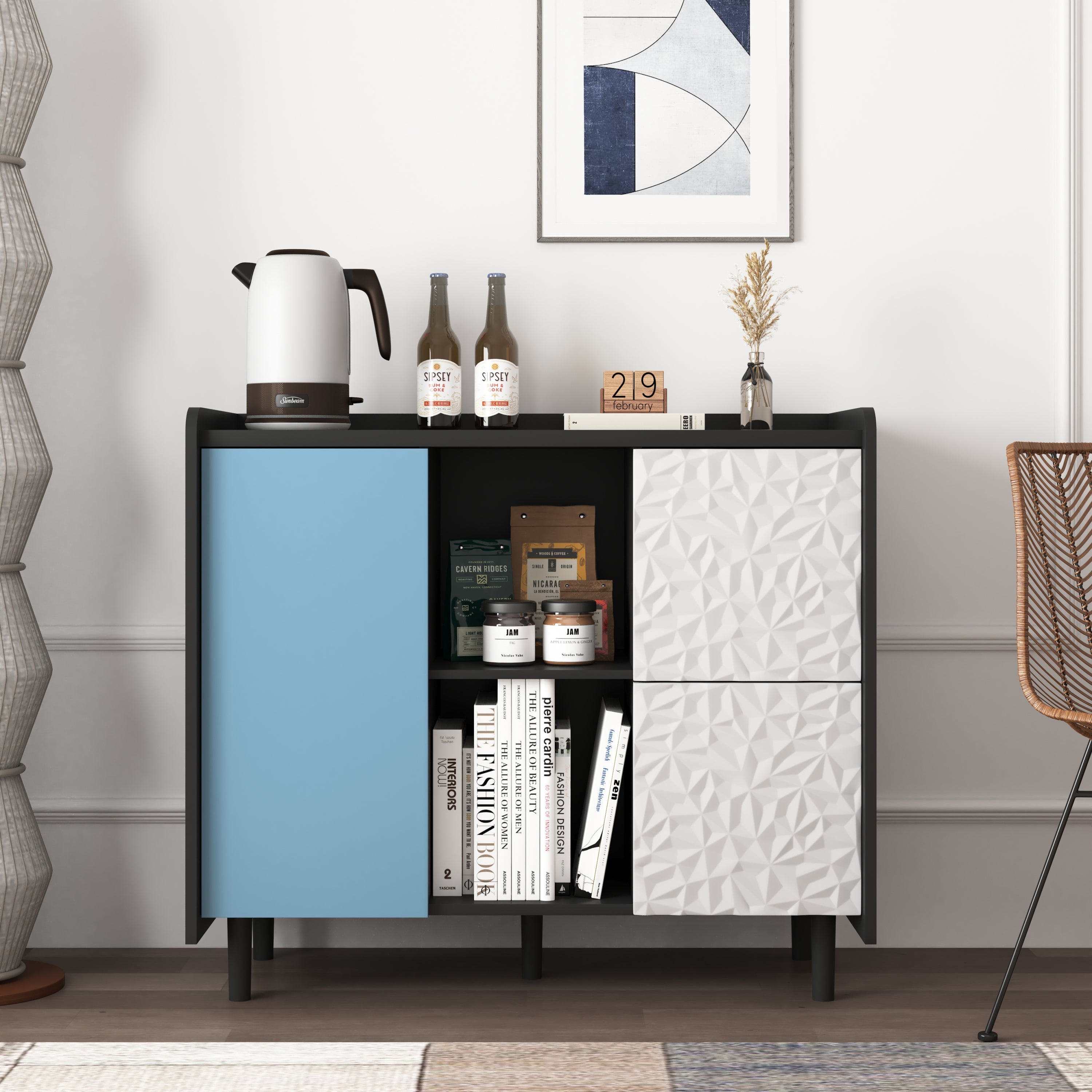 Sideboard Buffet Cabinet, Black Storage Cabinet with Red Doors , 2 Drawers with unique panel styling and 2 Open Storage Compartment, Modern Coffee Bar Cabinet Accent Cabinet for Kitchen, Dining Room,