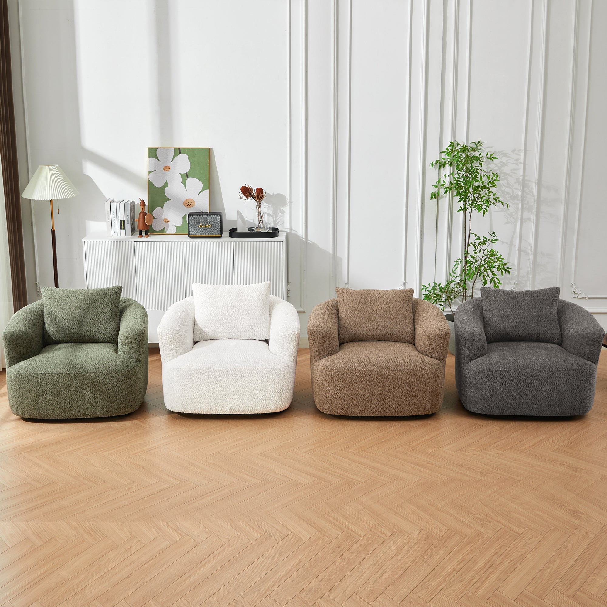360° Swivel Chair, Chenille Upholstered Barrel Sofa Chair with Throw Pillow, Green, 38.2' for Living Room, Bedroom, Office