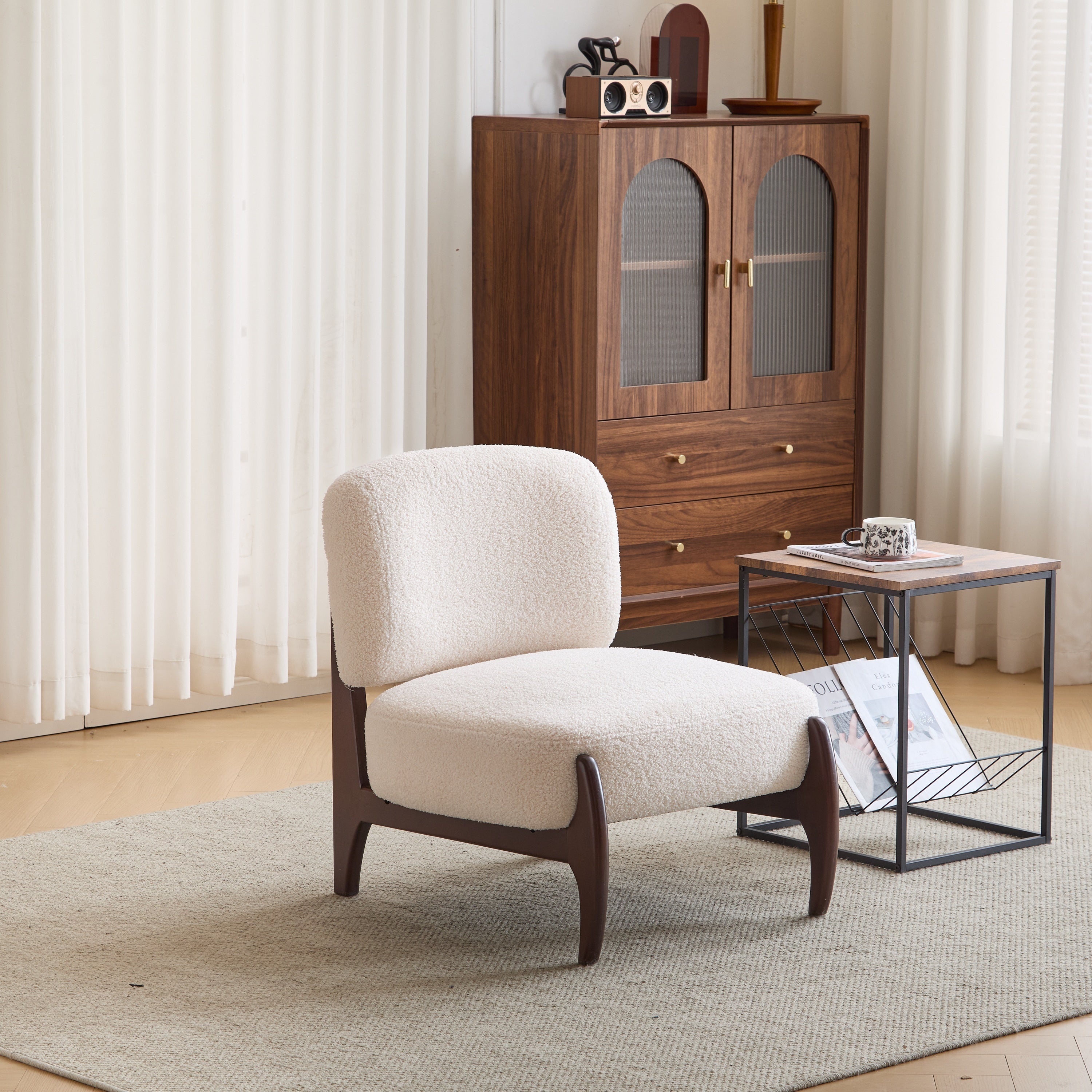 Modern Boucle Lounge Chair with Solid Wood Frame, Soft and Durable Boucle Upholstery, Beige, 25.5'