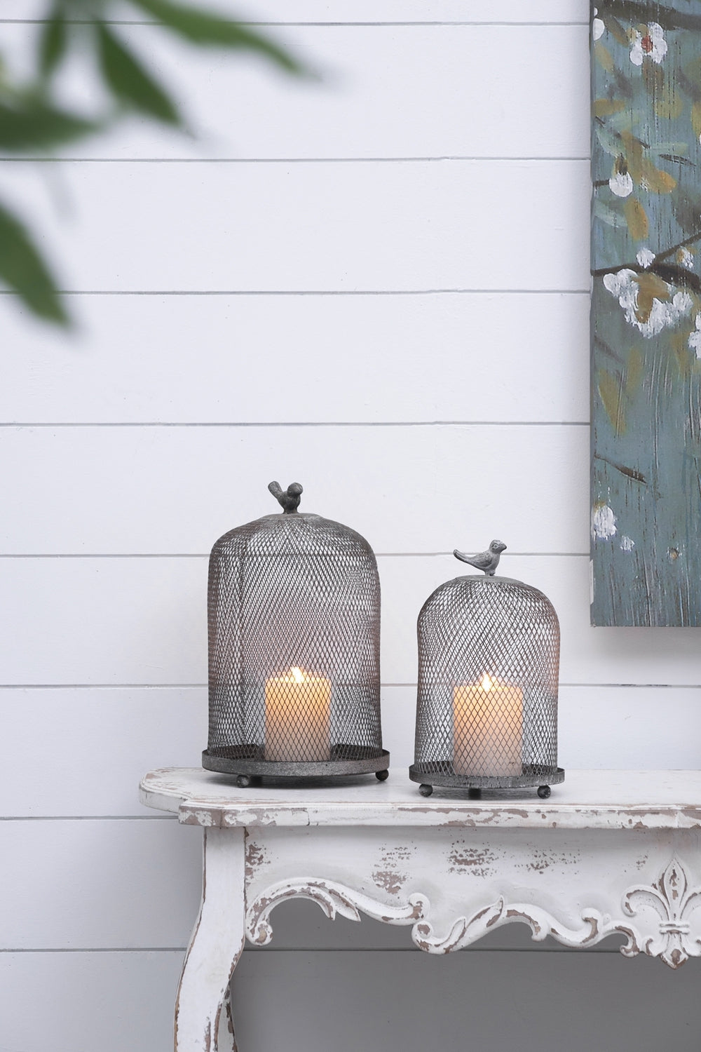 Set of 2 Ophira Sparrow Antique Gray Mesh Candle Holders, L: D8.5x13'  S: D7x10'