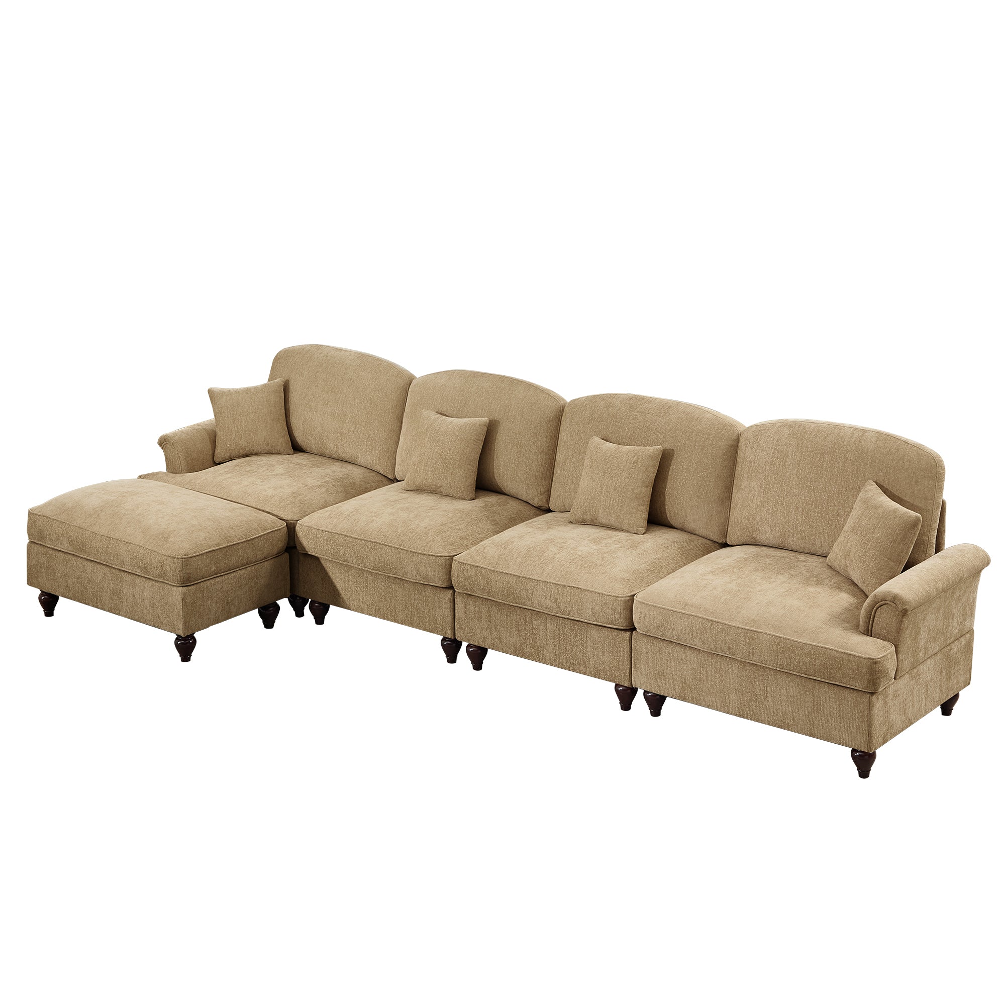 Classic Three Seater Modular L Shaped Sectional Couch with Flared Arms and Removable Ruffles Pleats Skirts and Spindle Legs, Comfy Chenille Four-Seat Deep Seat Sofa with Movable Ottoman, Light Coffee