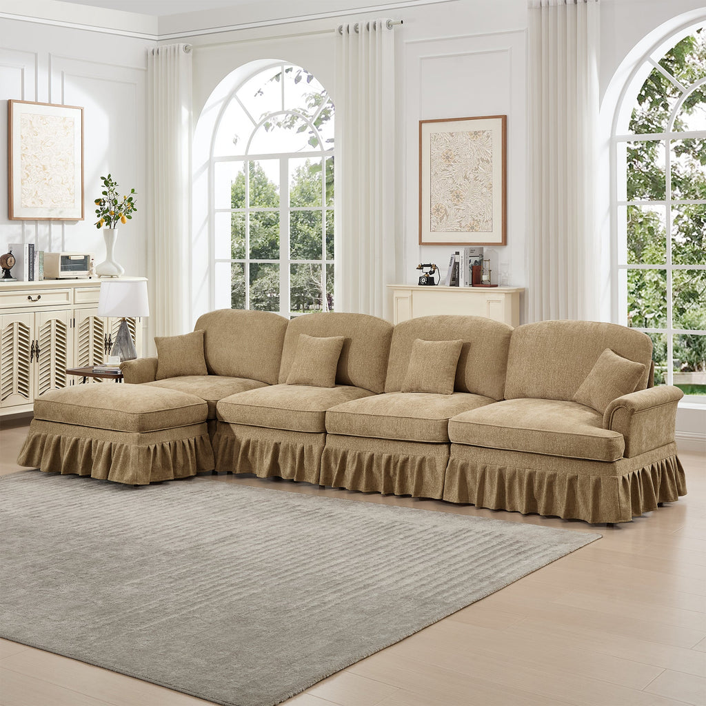 Classic Three Seater Modular L Shaped Sectional Couch with Flared Arms and Removable Ruffles Pleats Skirts and Spindle Legs, Comfy Chenille Four-Seat Deep Seat Sofa with Movable Ottoman, Light Coffee