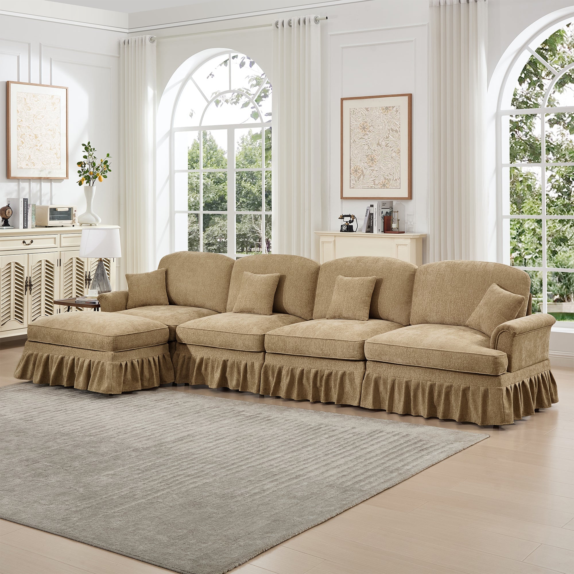 Classic Three Seater Modular L Shaped Sectional Couch with Flared Arms and Removable Ruffles Pleats Skirts and Spindle Legs, Comfy Chenille Four-Seat Deep Seat Sofa with Movable Ottoman, Light Coffee