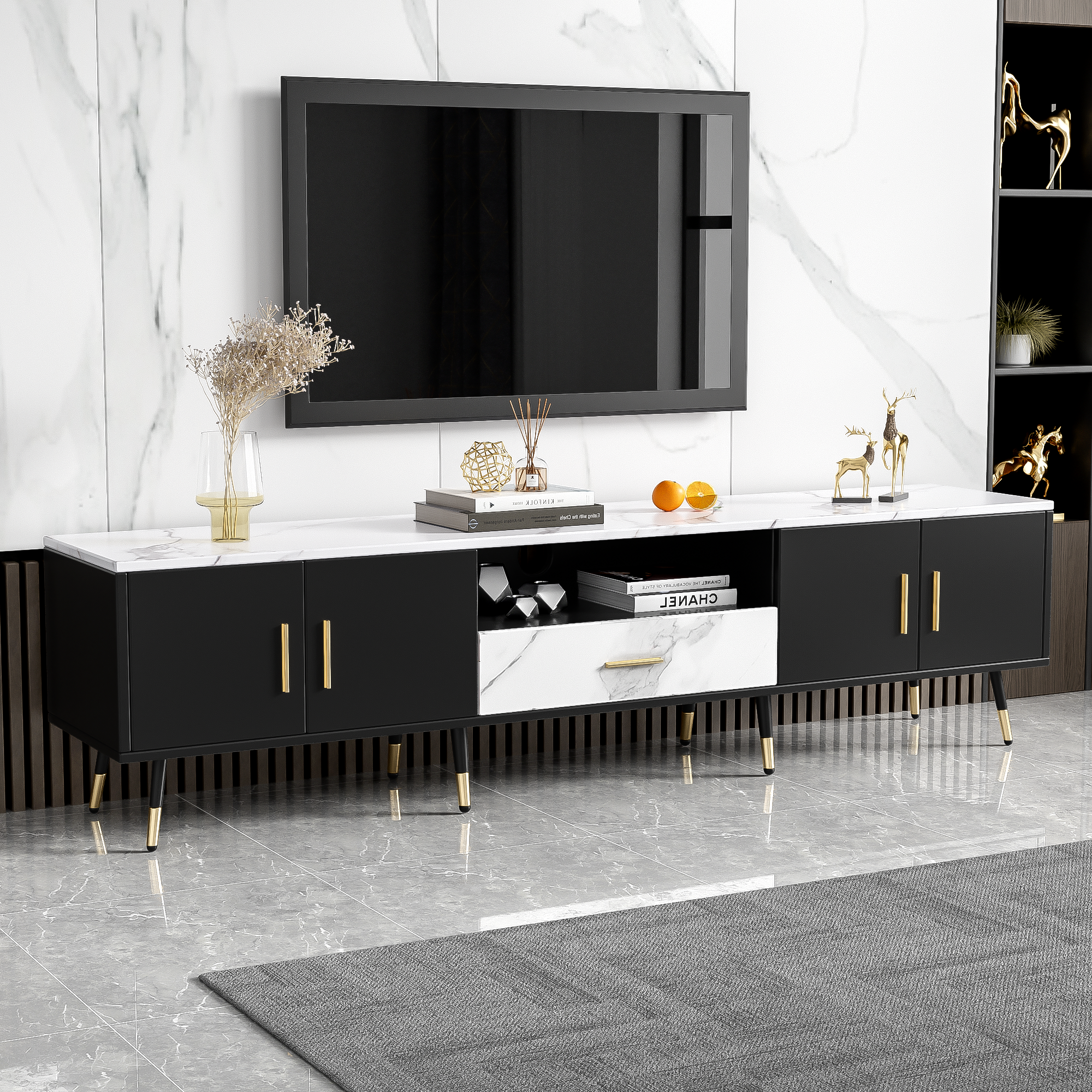 71'' Modern TV Stand with 2 Cabinets&  Open Compartments, Entertainment Center for TVs up to 80'', Television Console for Living Room, Bedroom, Home Theatre