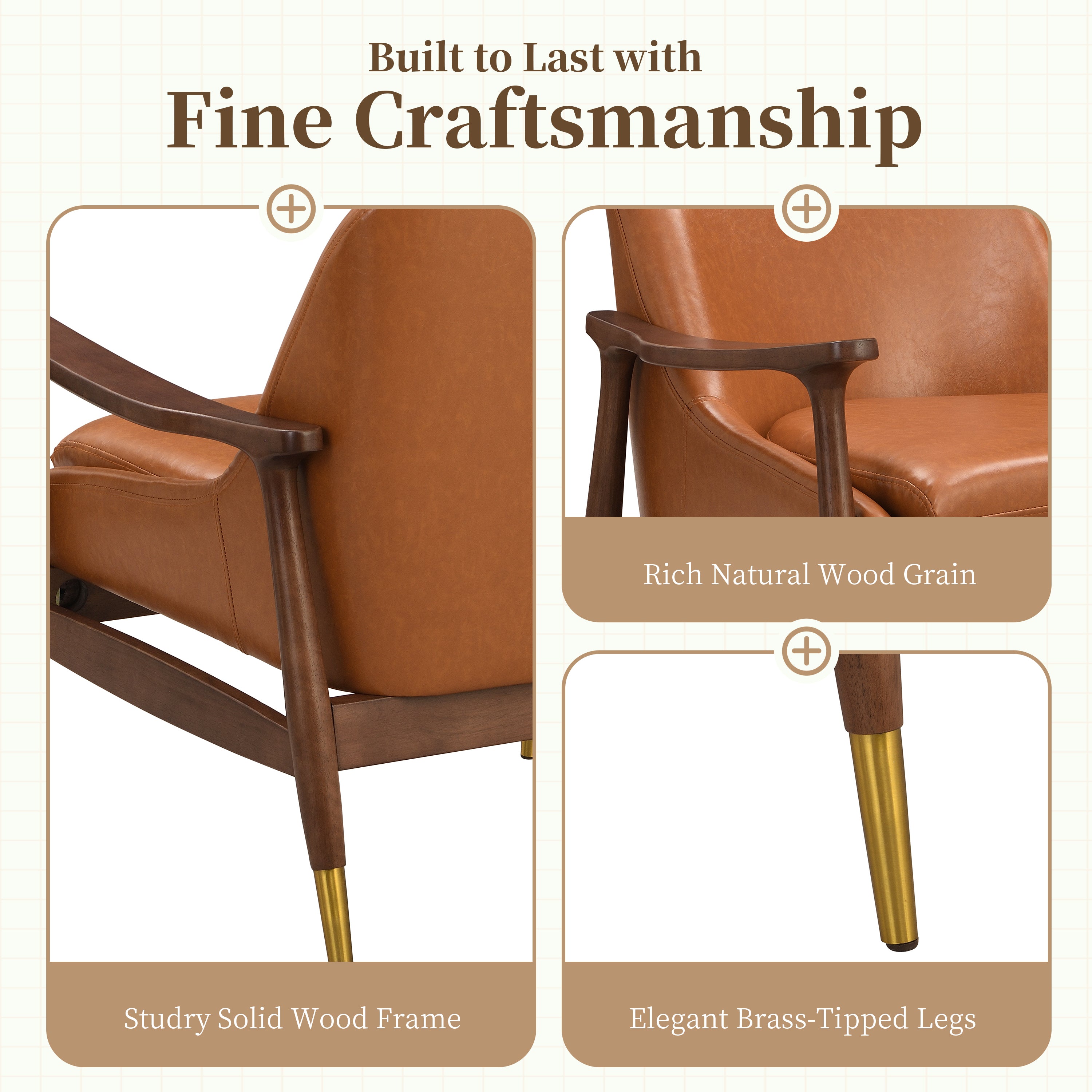 Mid-Century Faux Leather Accent Chair with Cushioned Seat, Solid Wood Frame, Brass-Tipped Legs, Brown